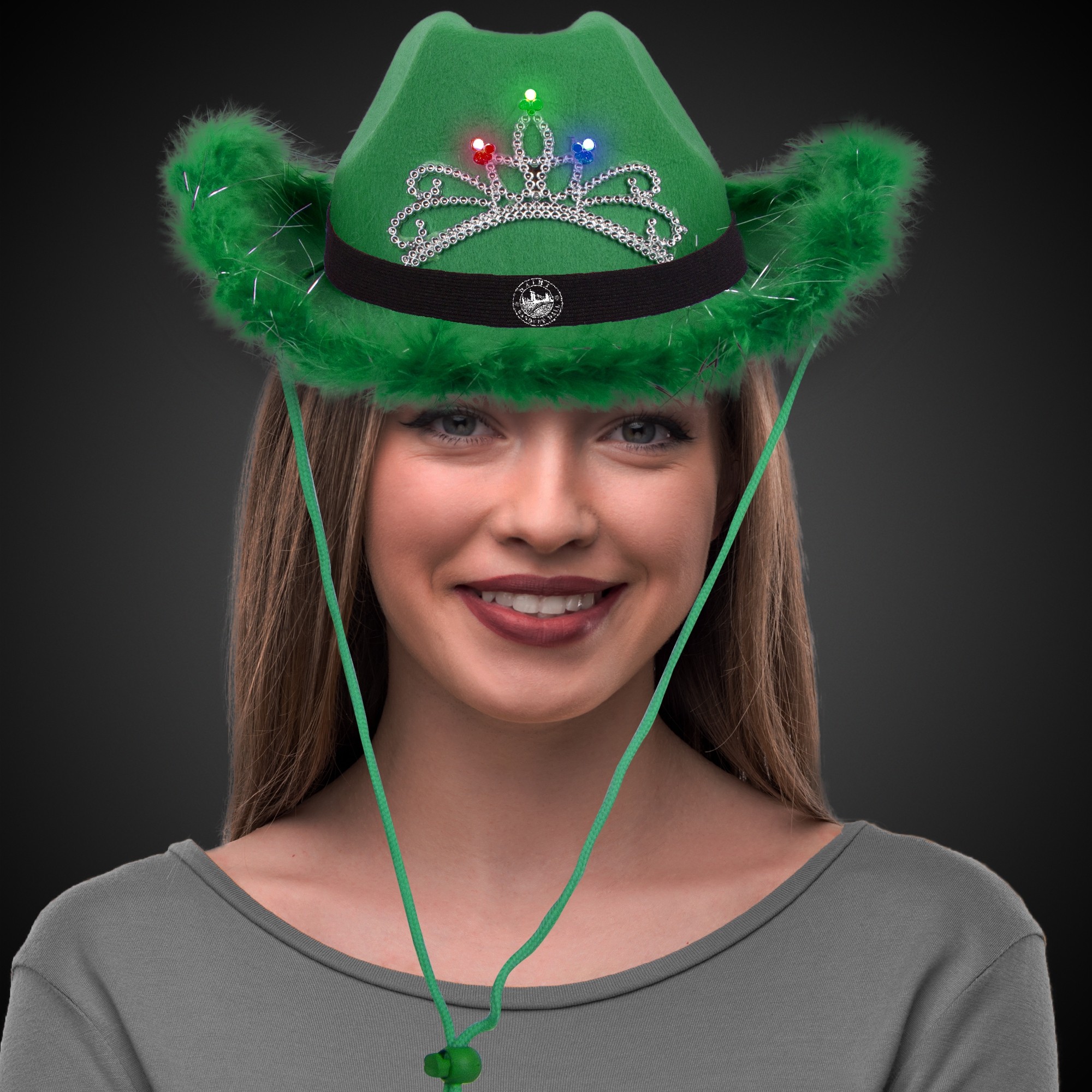 Green Light Up Cowboy Hat w/ Tiara and Feather(Black Imprinted Band) 4