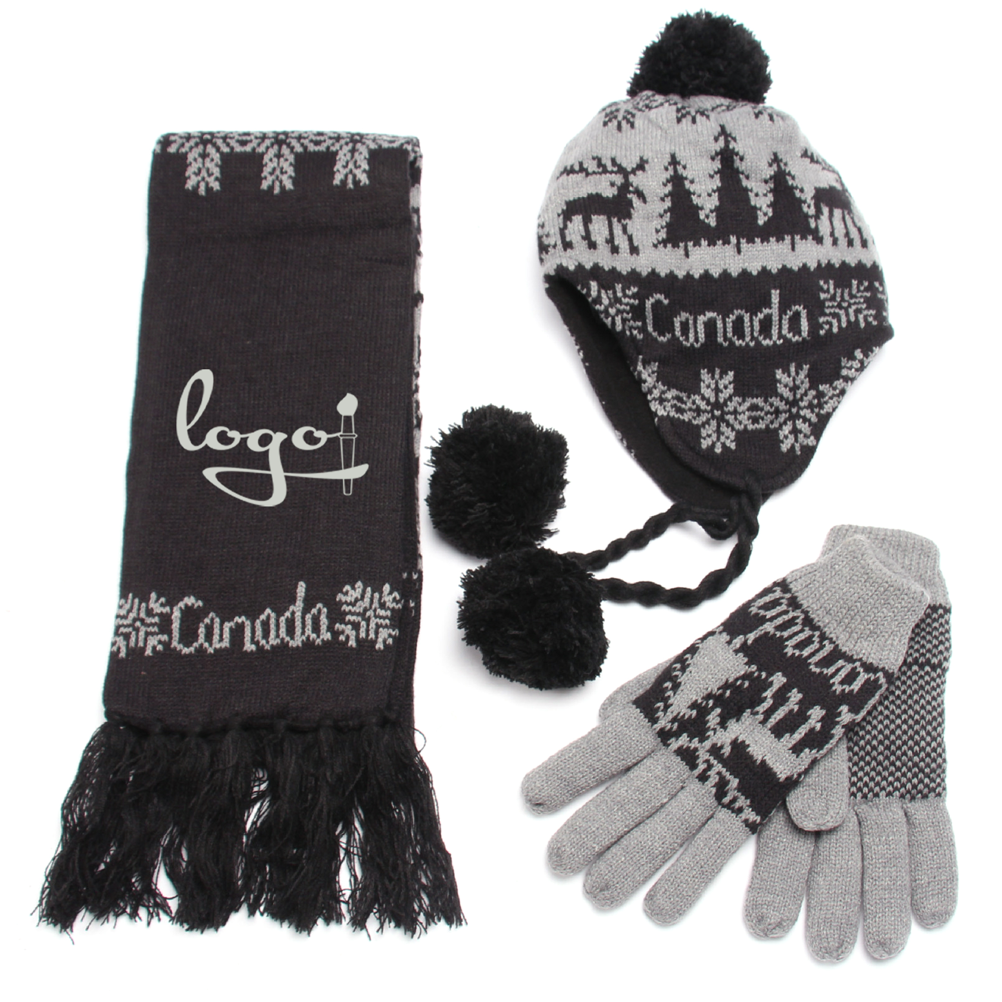 Christmas Patterned Pom Scarf Hat and Gloves Set Three Piece 4