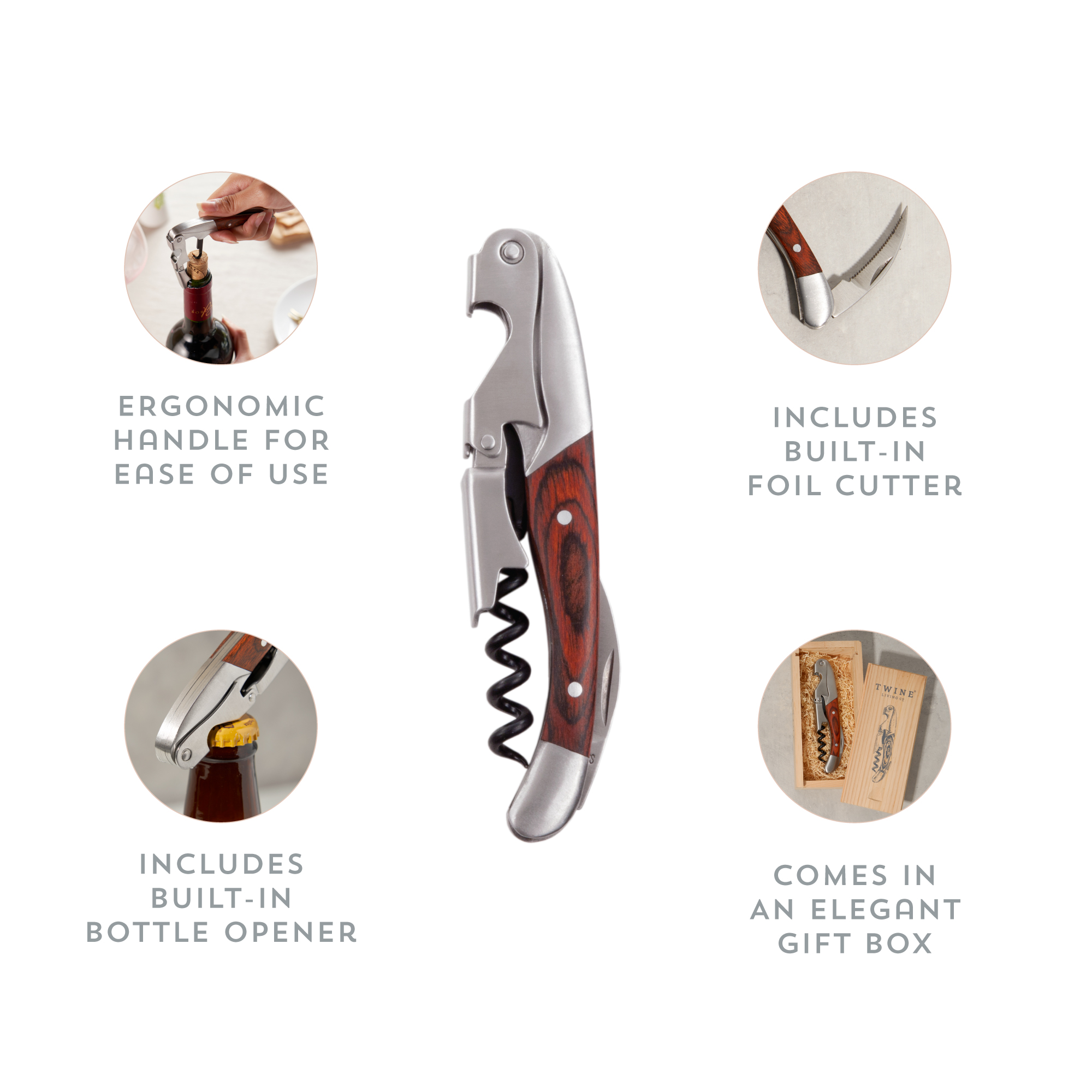 Twine Living® Wooden Double Hinged Corkscrew with Gift Box 10