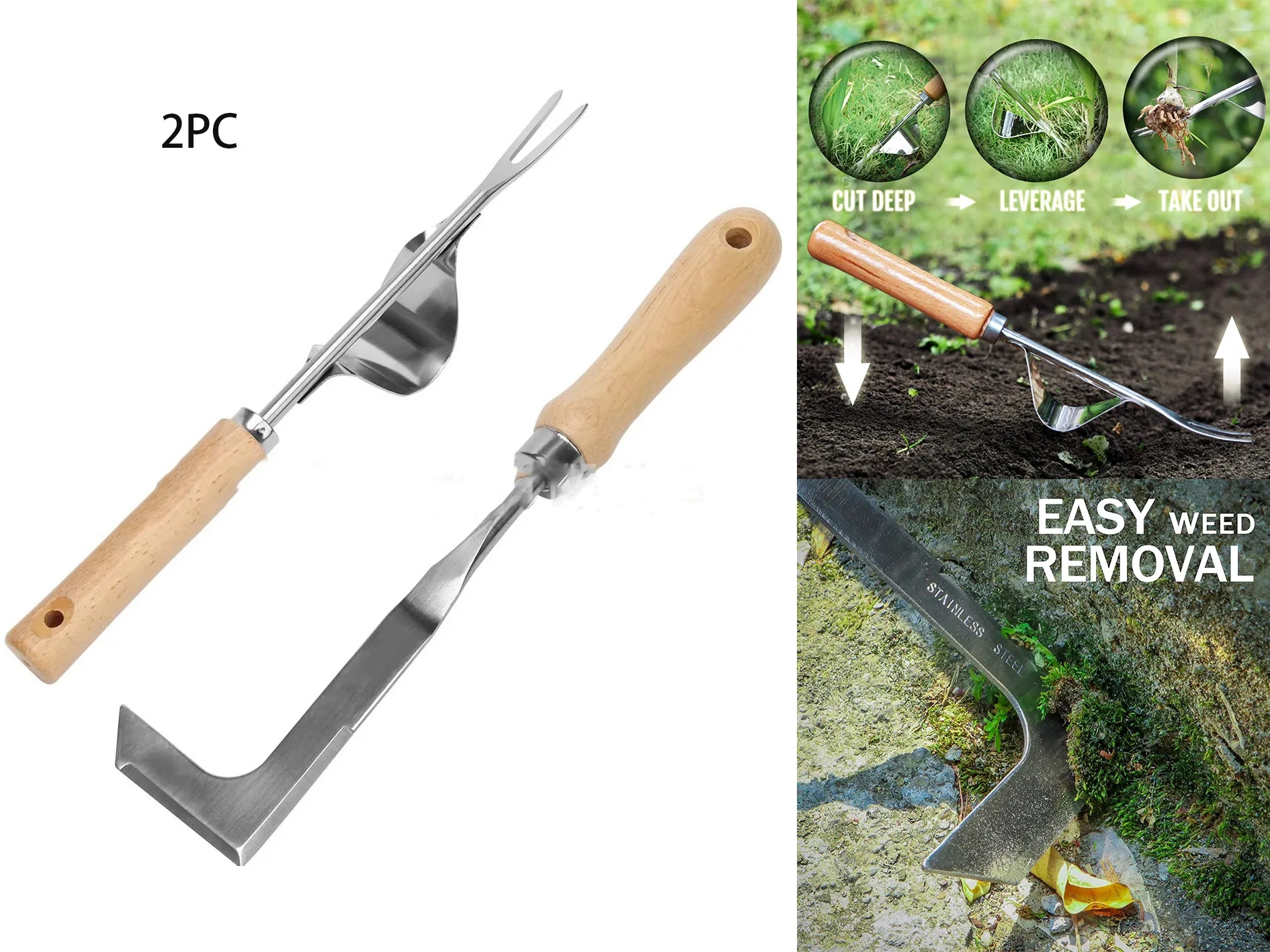 2Pcs Weed Remover Tool with Wood Handle 2