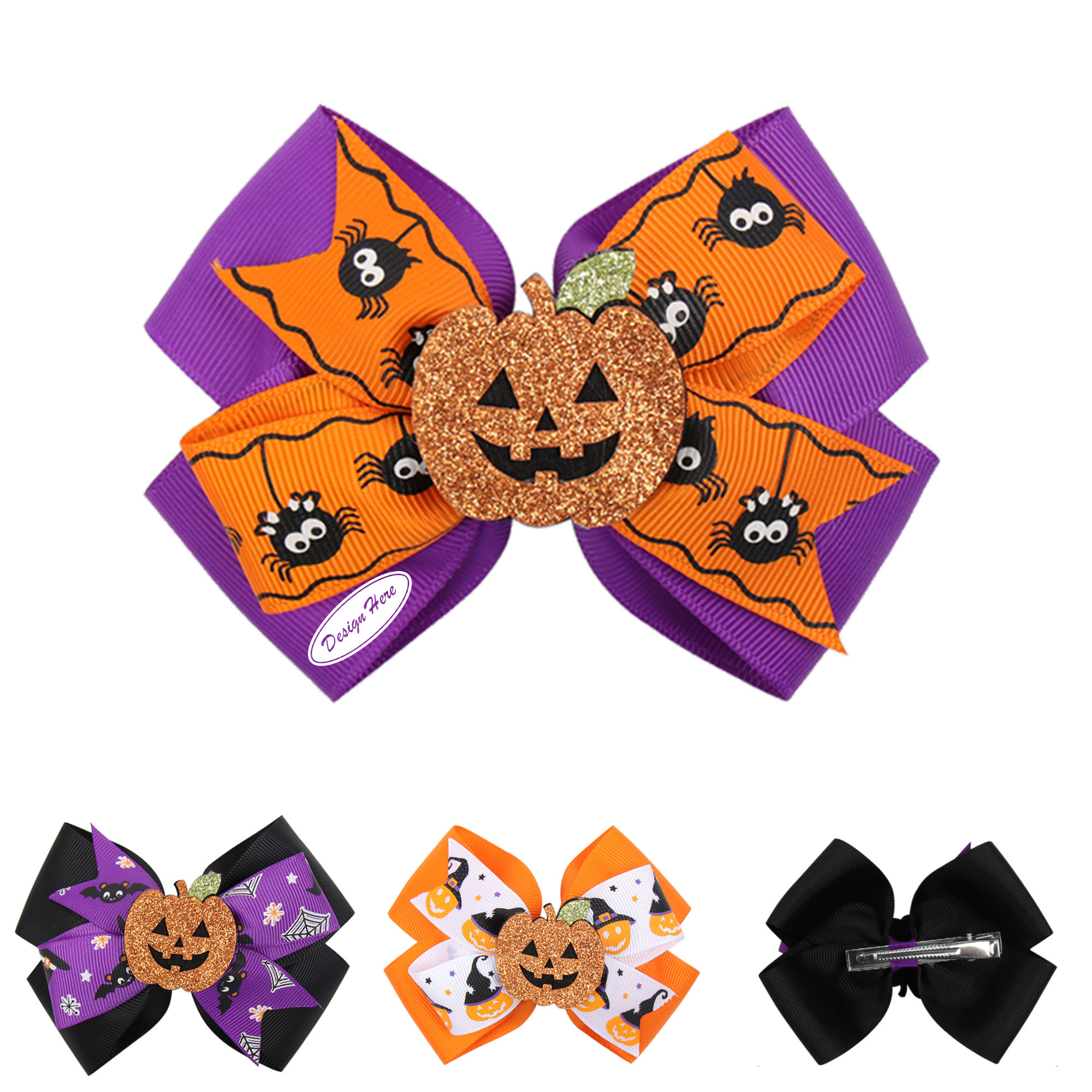 Halloween Spider & Pumpkin Hair Bows Clips for Kids 4