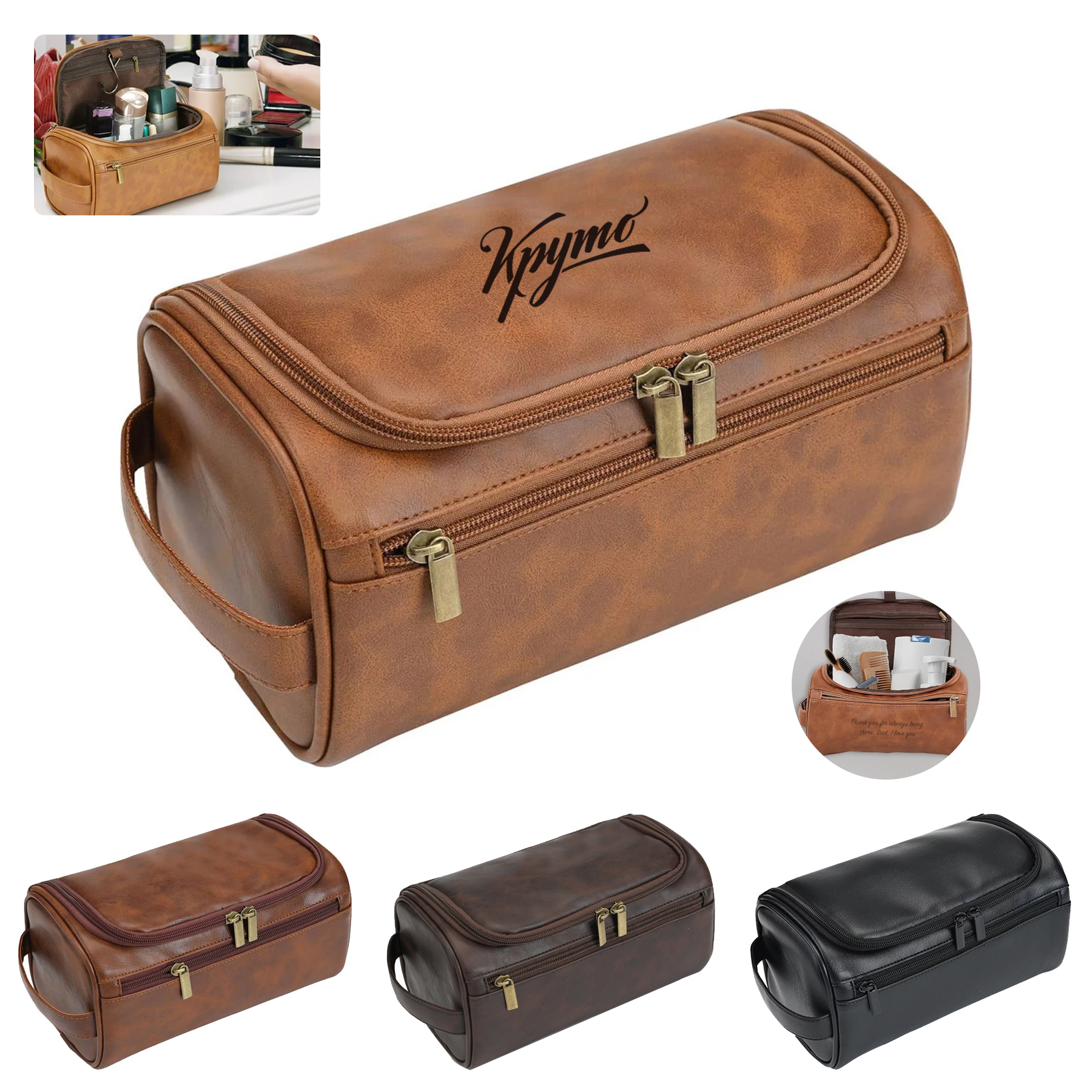 Personalized Leather Toiletry Bag with Hook 3