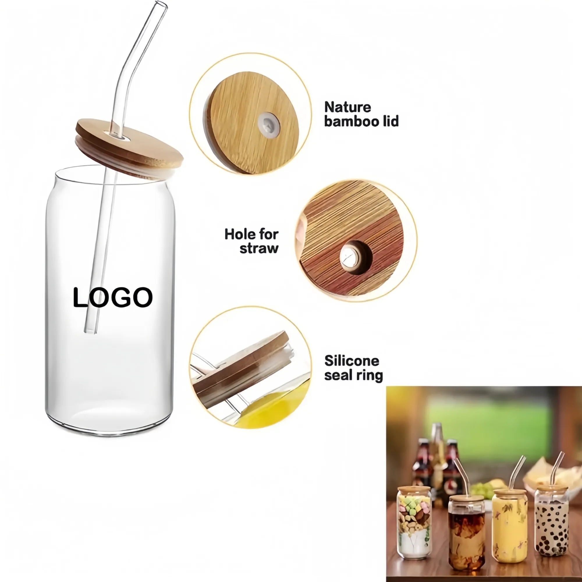 4-Piece Glass Cup Set With Bamboo Straw And Lid, With Brush