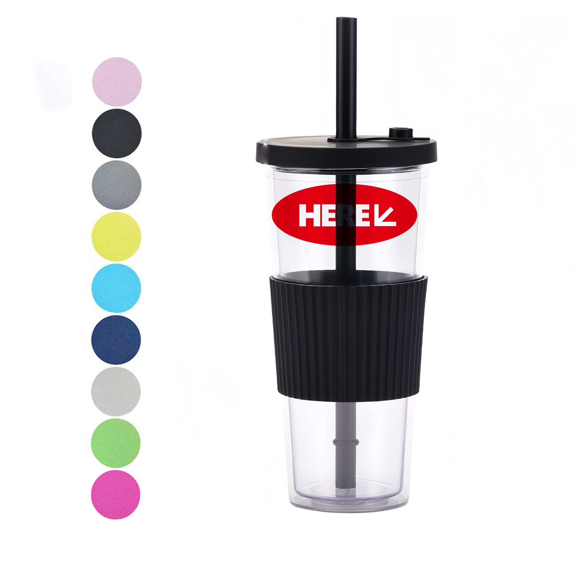 24Oz AS Plastic Double-Wall Tumbler with Straw and Grip 2