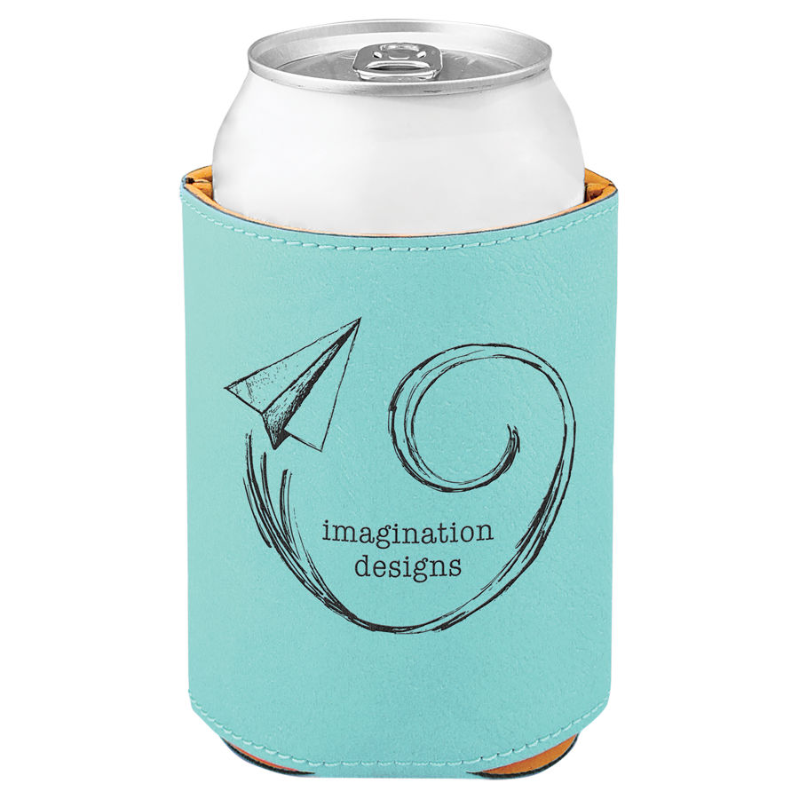 3 3/4" Teal Leatherette Beverage Holder, custom koozie with logo imprint 2