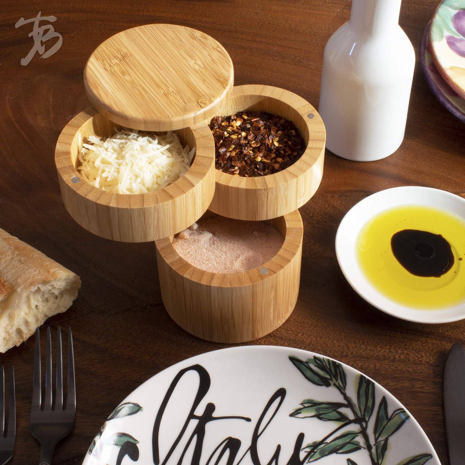 Household Rotating Bamboo Three-Layer Seasoning Jar 3