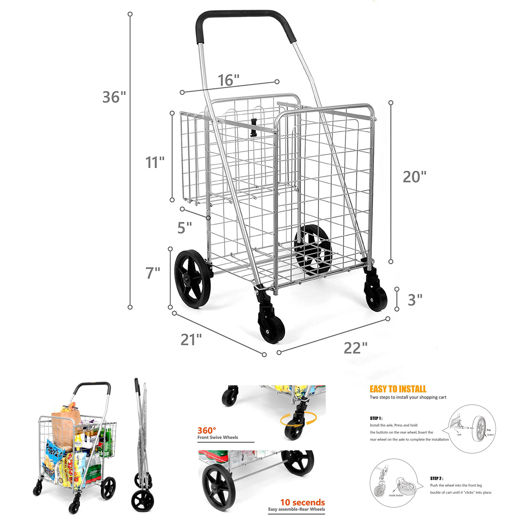 Shopping Trolley Double Basket Grocery Multi-functional Foldable Cart 1