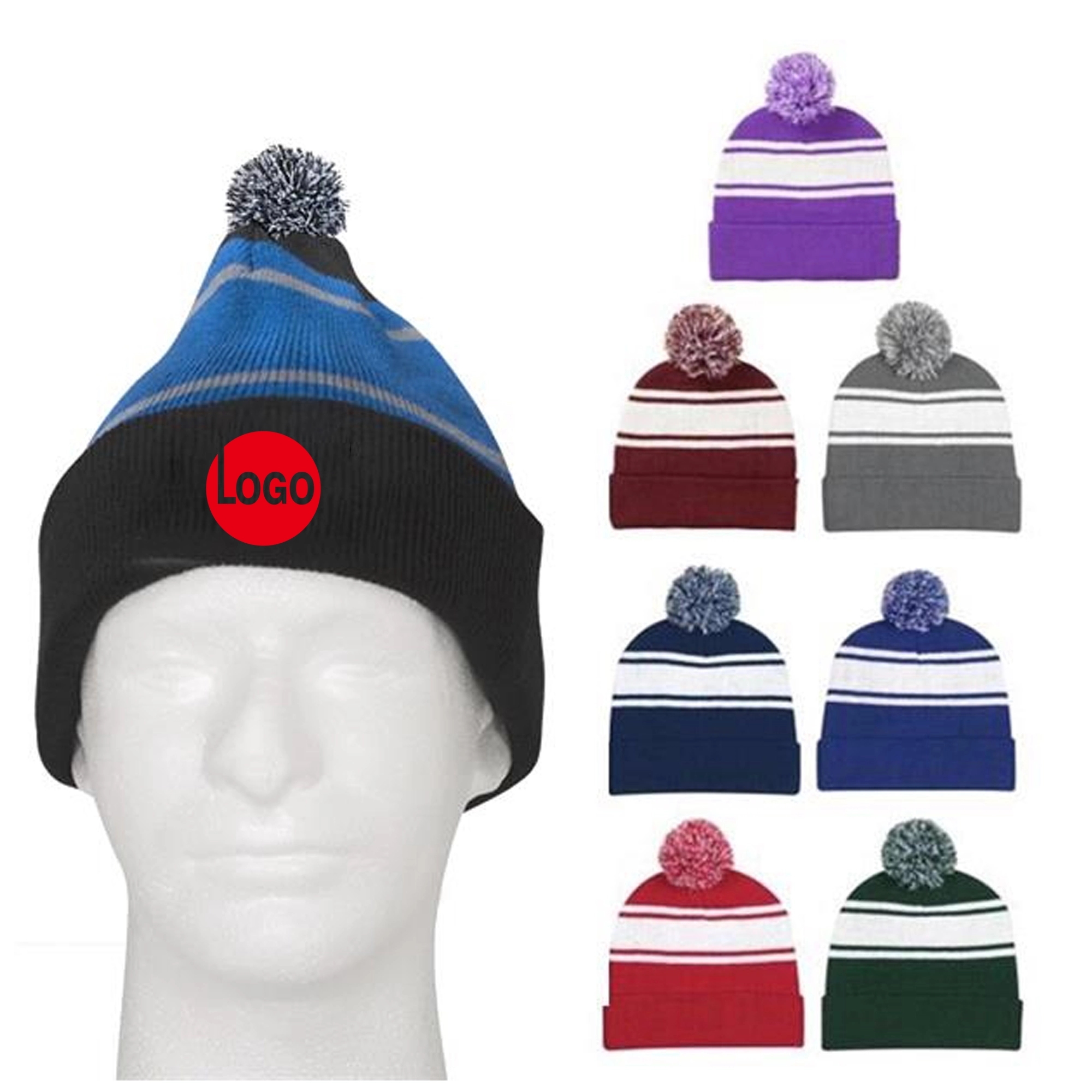 Two-Tone Knit Cuff Pom Beanie Cap 2