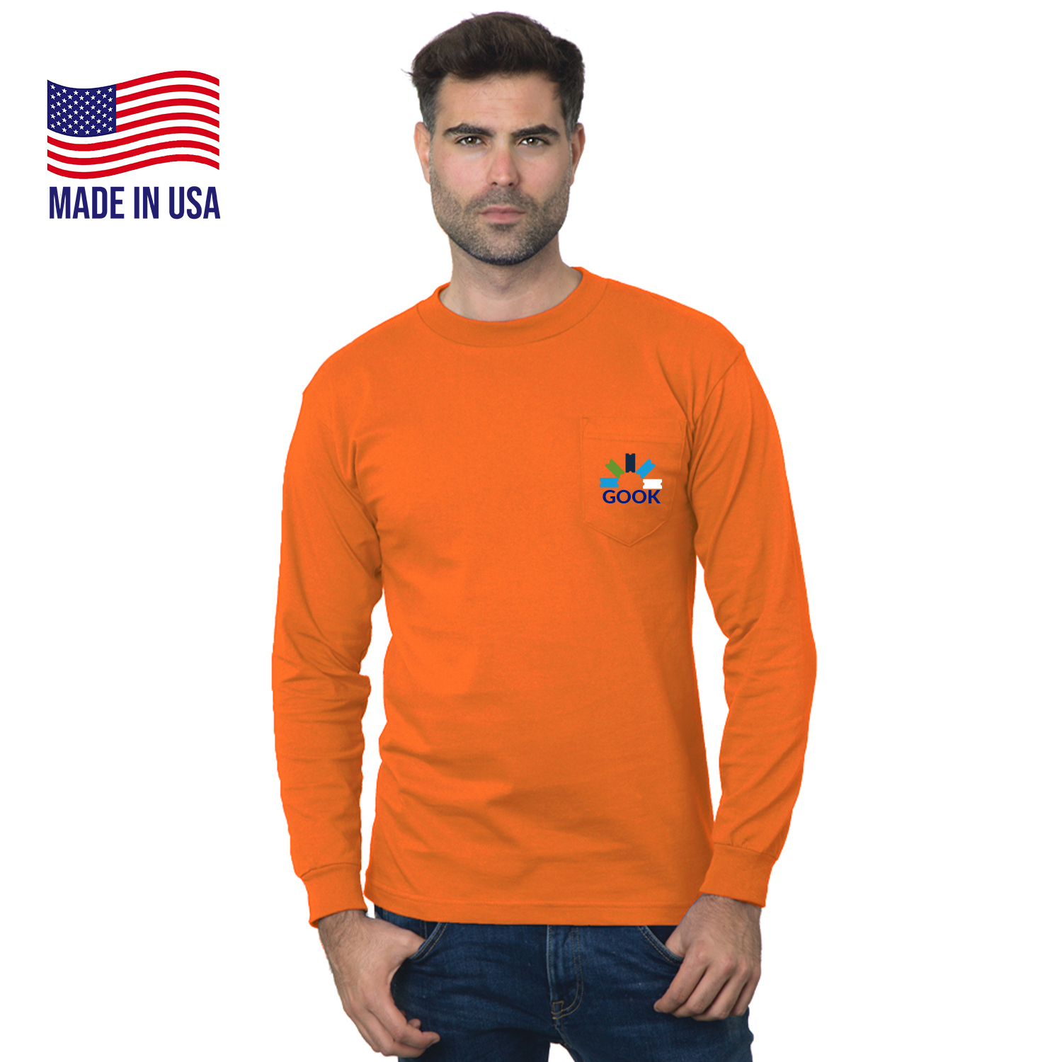 USA-Union Made Pre-Shrunk Long Sleeve Pocket Crew Tee Shirt 1