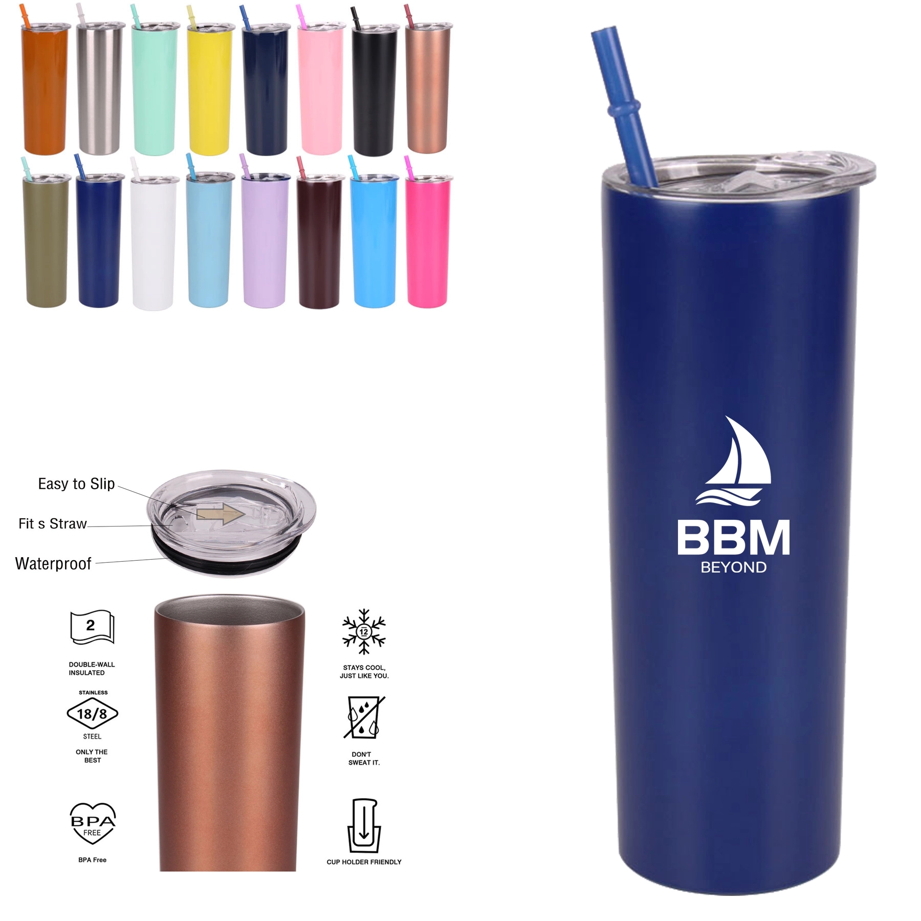 20oz Stainless Steel Straight Slimming Cup with Straw 4