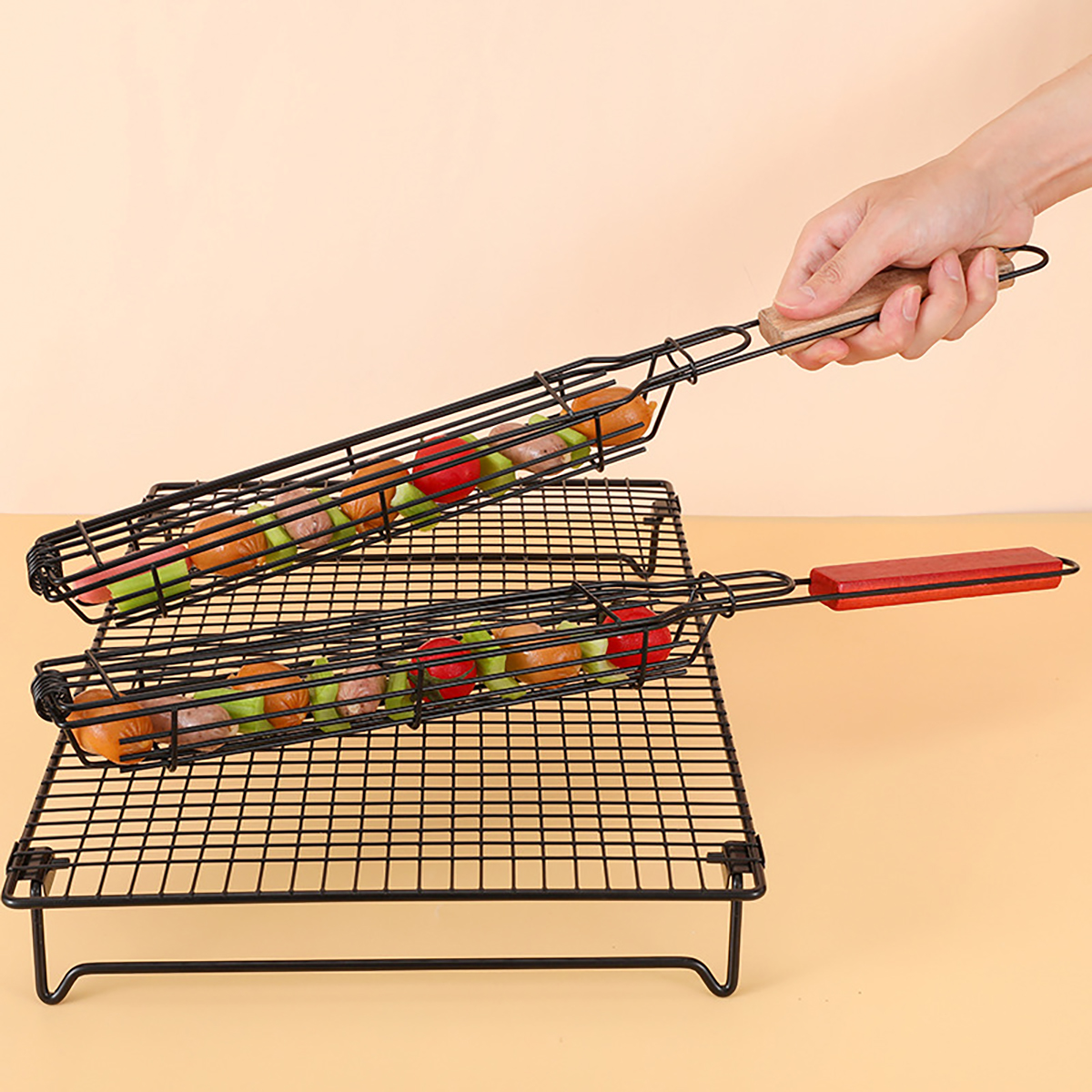 BBQ Grill Basket With Wooden Handle for Fish Vegetables 2