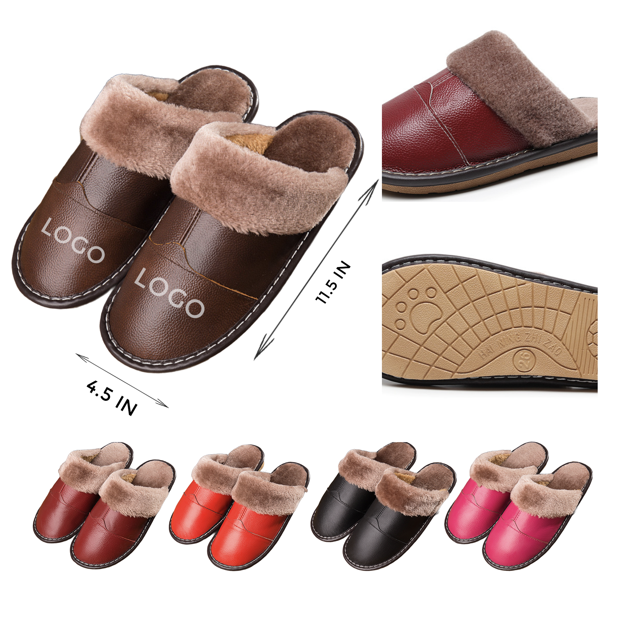 MOQ 10 PCS Durable Winter Genuine Leather Warm Slippers 2