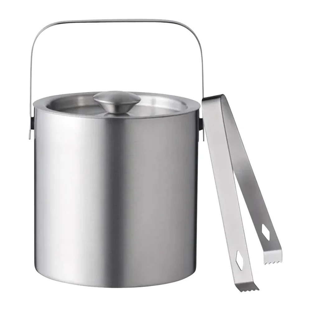 Double-Walled Stainless Steel Ice Bucket with Lid and Tongs 4