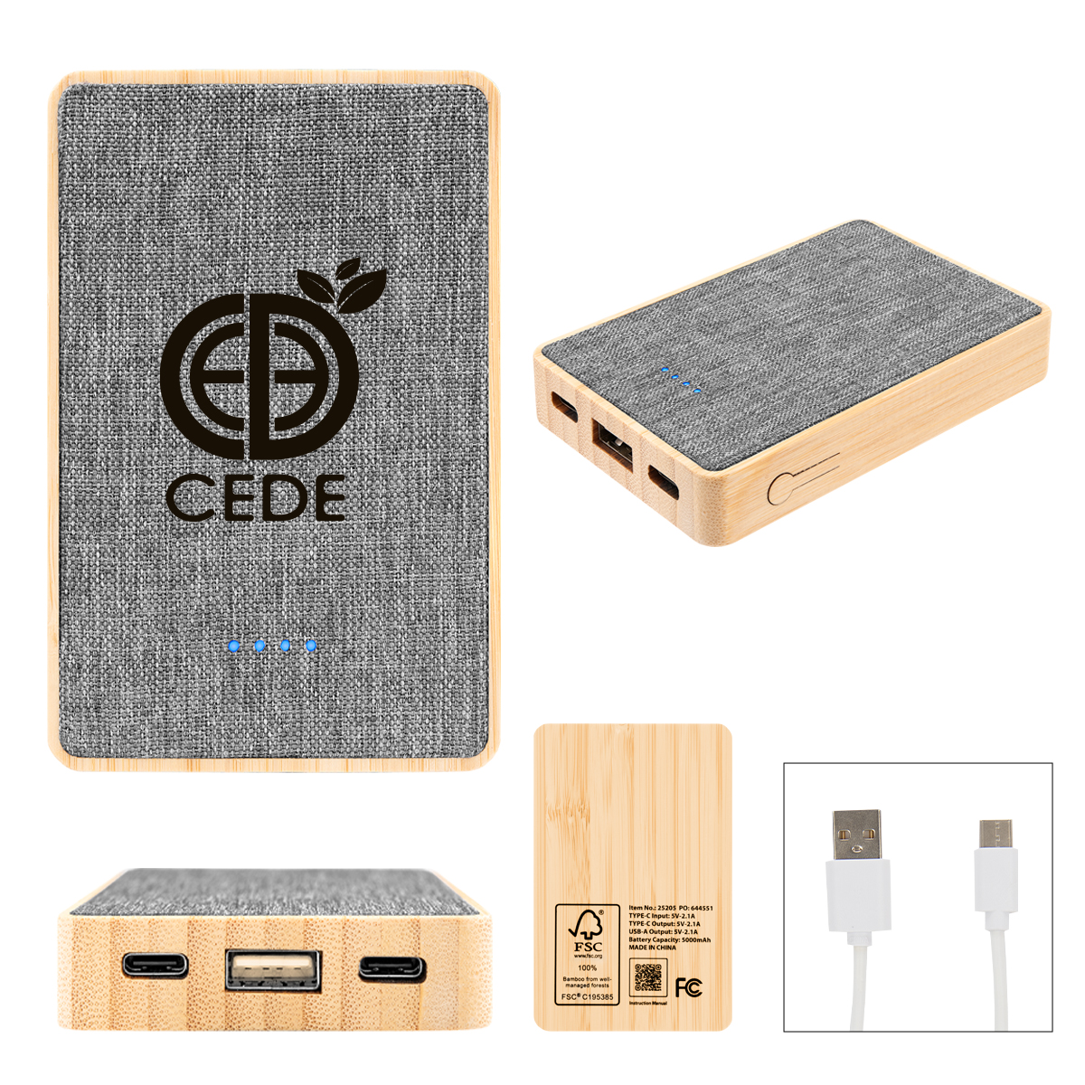 5000 mAh Bamboo & Recycled Fabric Power Bank 3