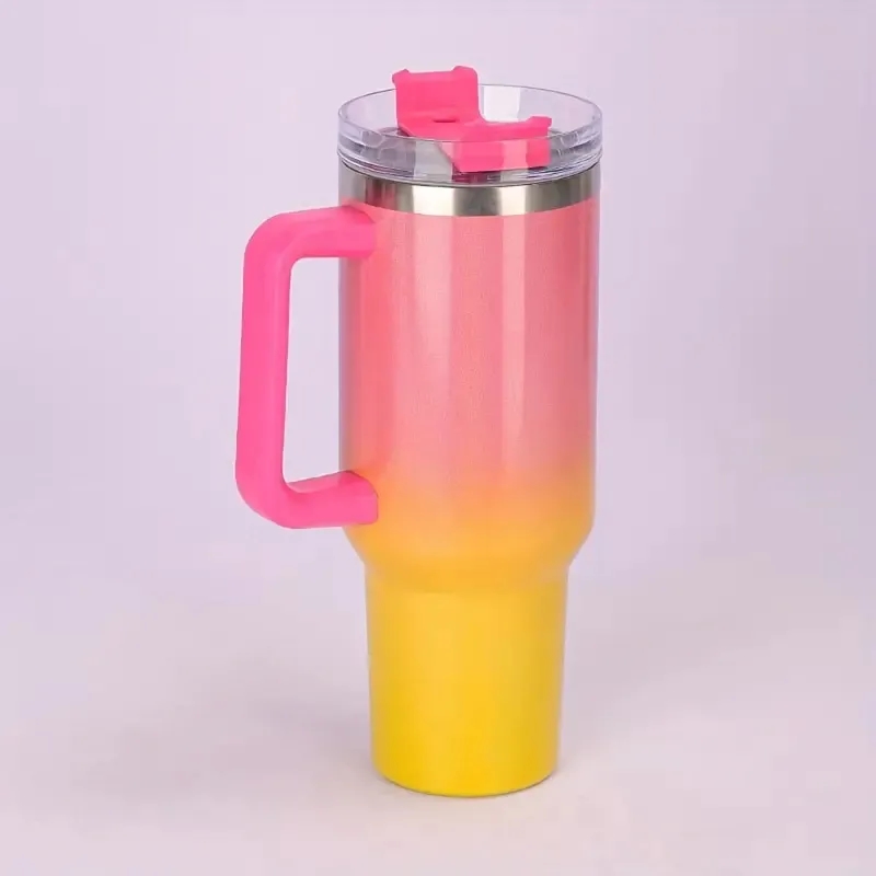 40oz Portable Rainbow Gradient Car Tumbler With Handle Straw 11