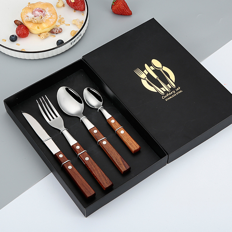 4 pcs Steak Knife Fork Spoon Set Wooden Handle 6