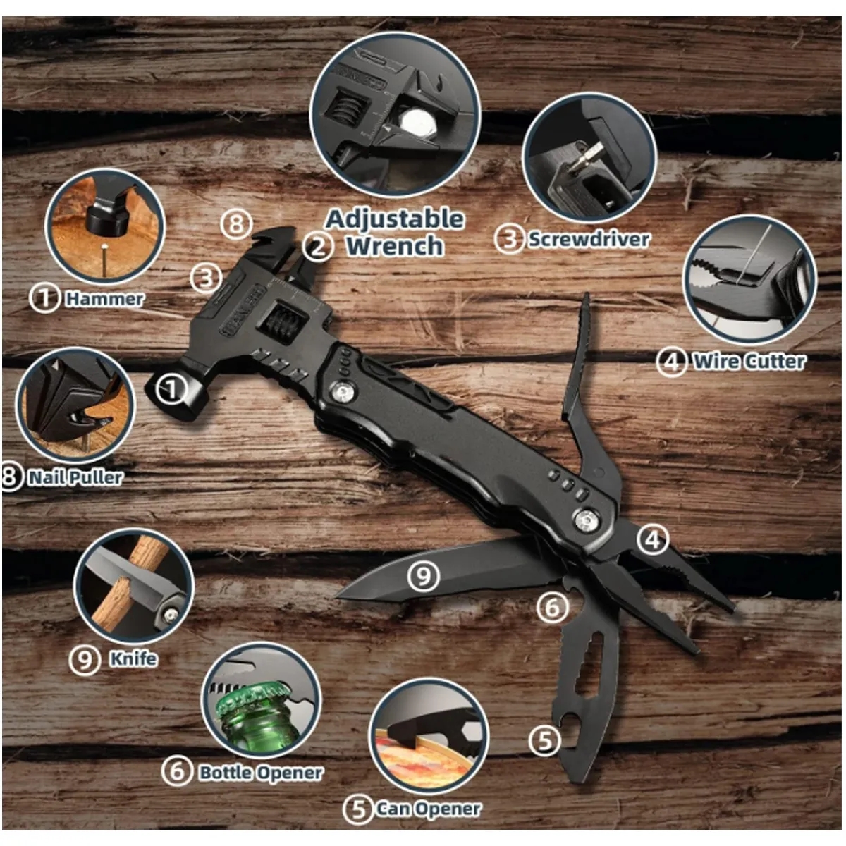 16In1 Multi-function Hammer Wrench Survival Camping Gear 2
