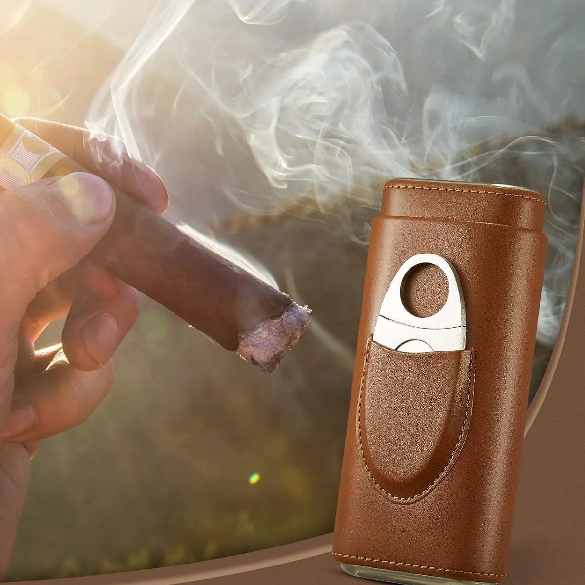 Travel PU Leather Cigar Case With Cutter Pocket 1