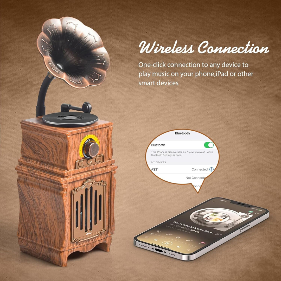 SonicWave Vintage Classic Gramophone Bluetooth Speaker with USB, TF Card & FM Radio 5