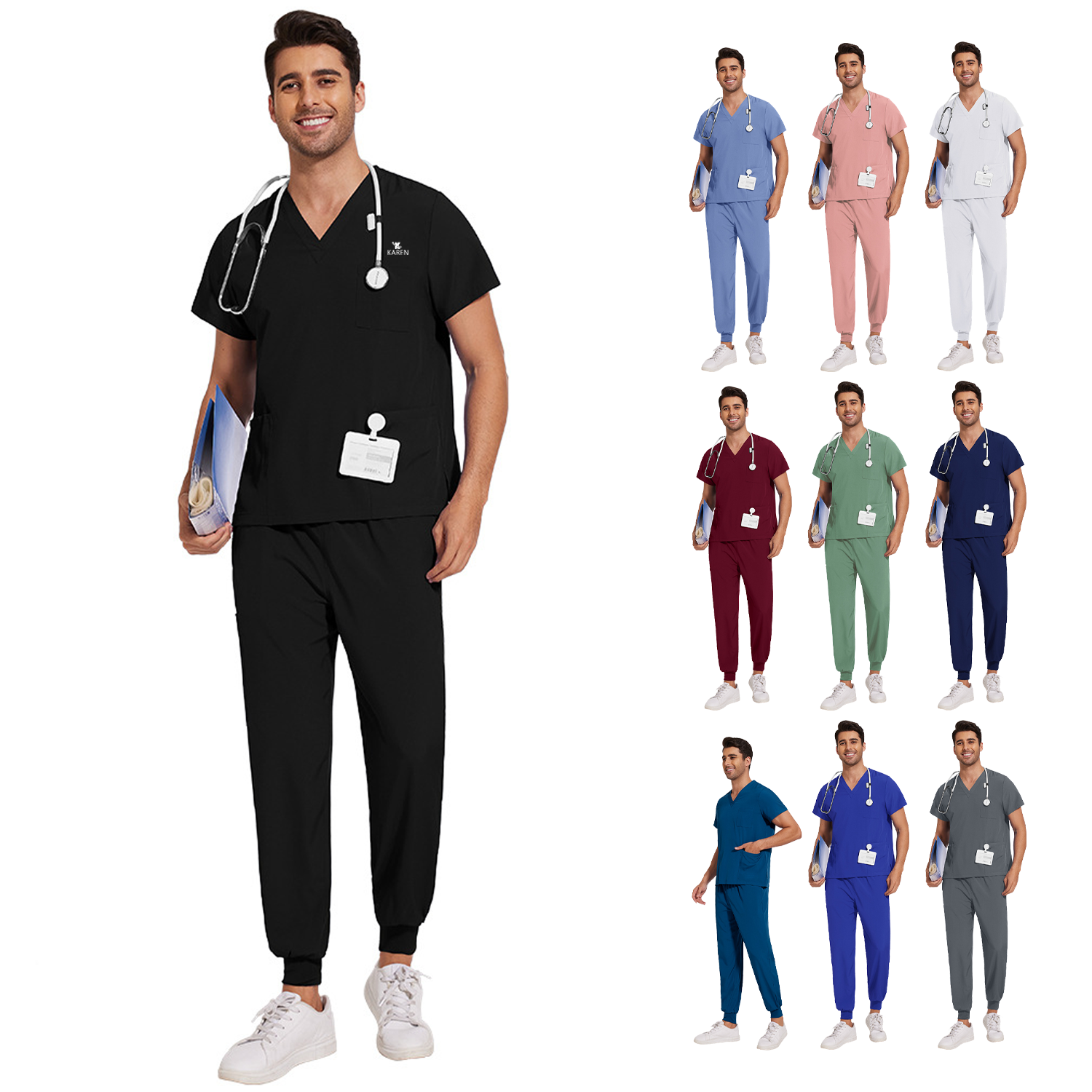 Classic Lightweight Tuck-In V-Neck Scrubs Set w/ Pockets 3