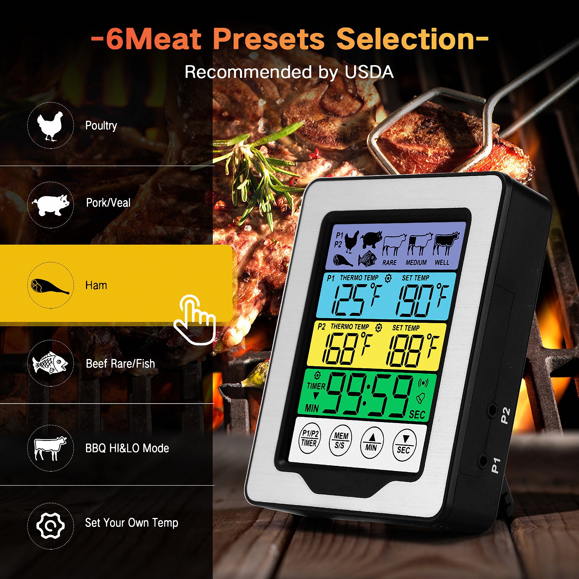 Digital Touchscreen BBQ Grill Thermometer with Color LCD 2
