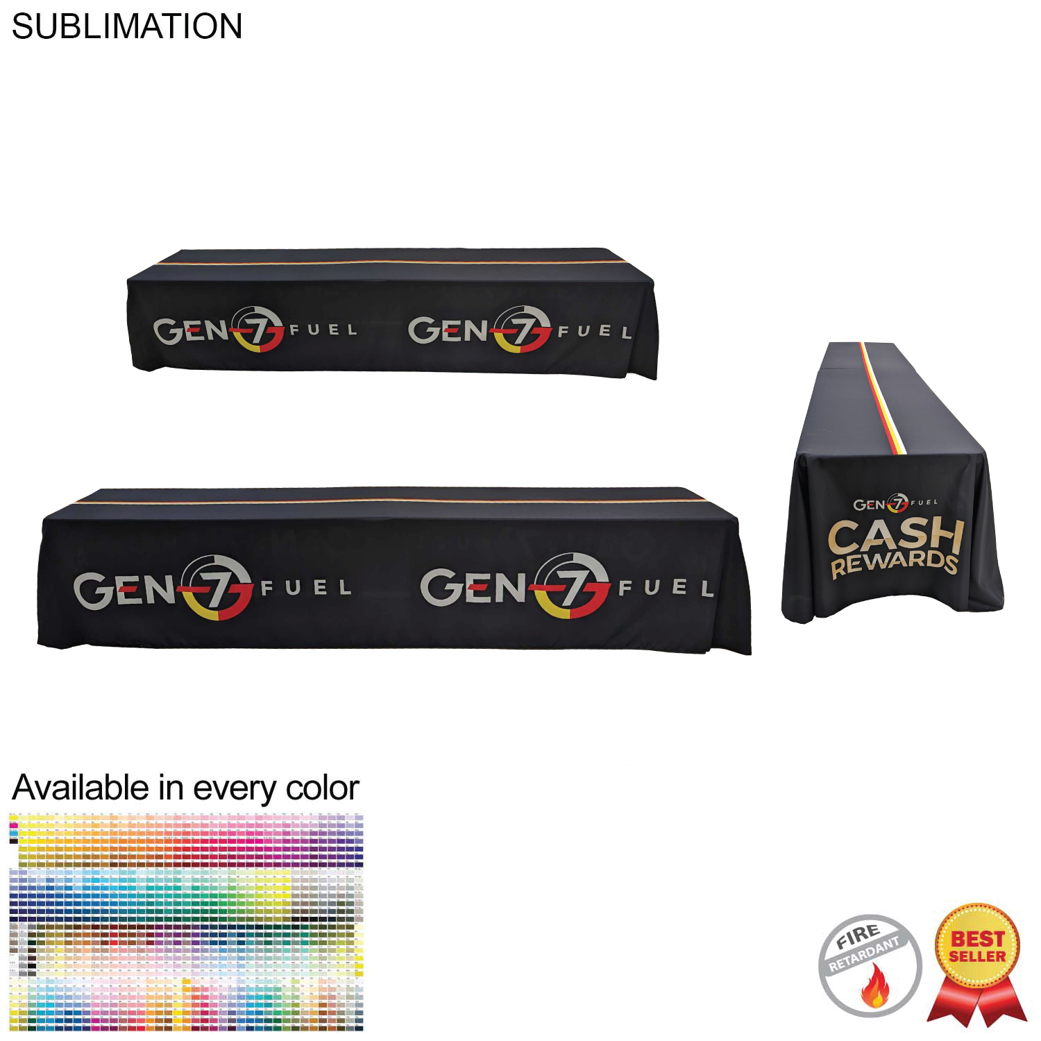 Sublimated Table Cloth for 12' table (or 2 x 6' tables combined), Drape Style, 4 sided, Closed back