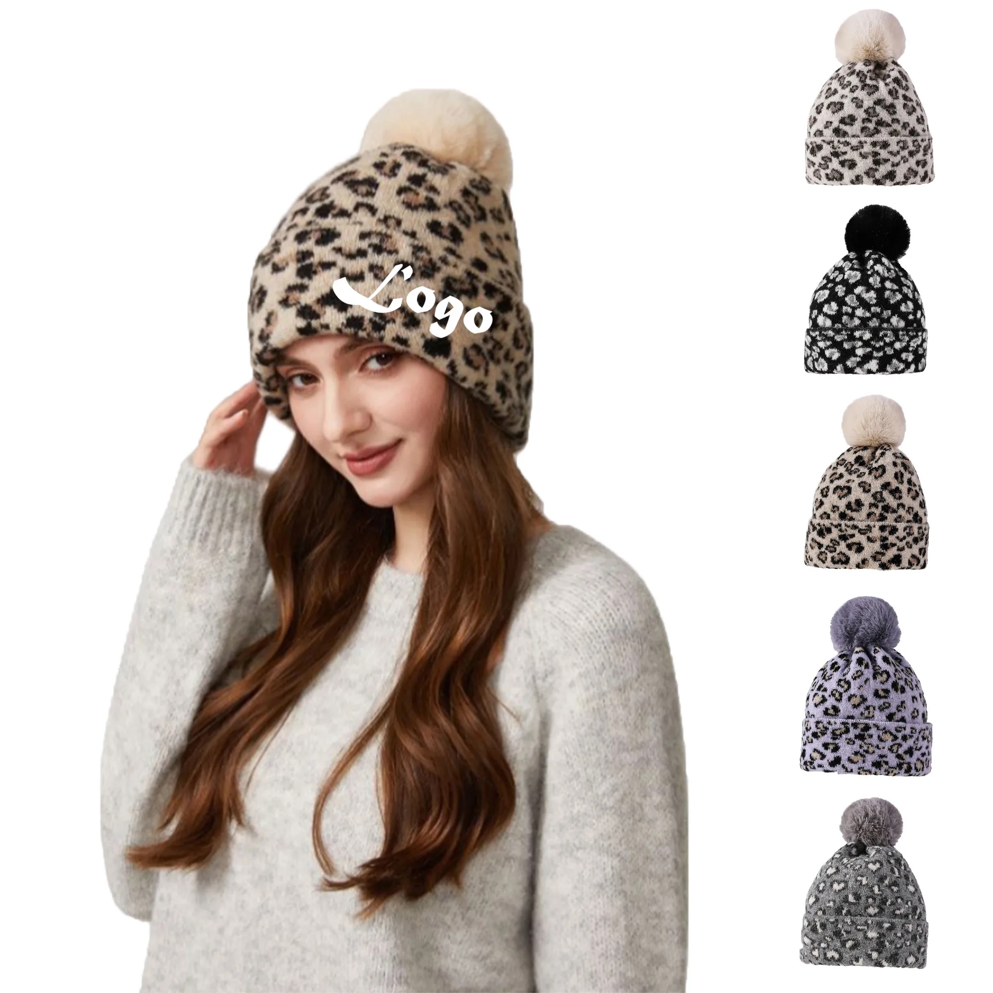 Warm Soft Plush Leopard-print Beanie Knit Hat Winter Hat