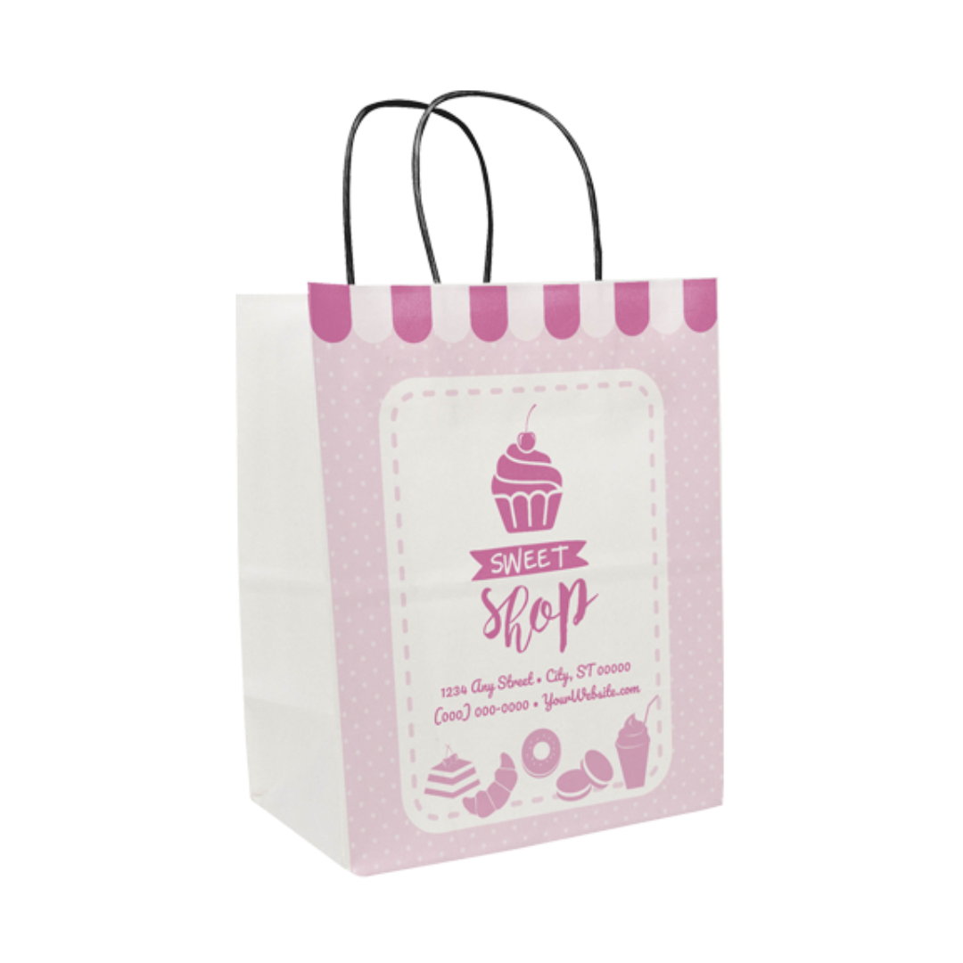 One Color 1-Sided White w/ Black Handle Shopper Paper Bags (8"x 10.25"x 5")