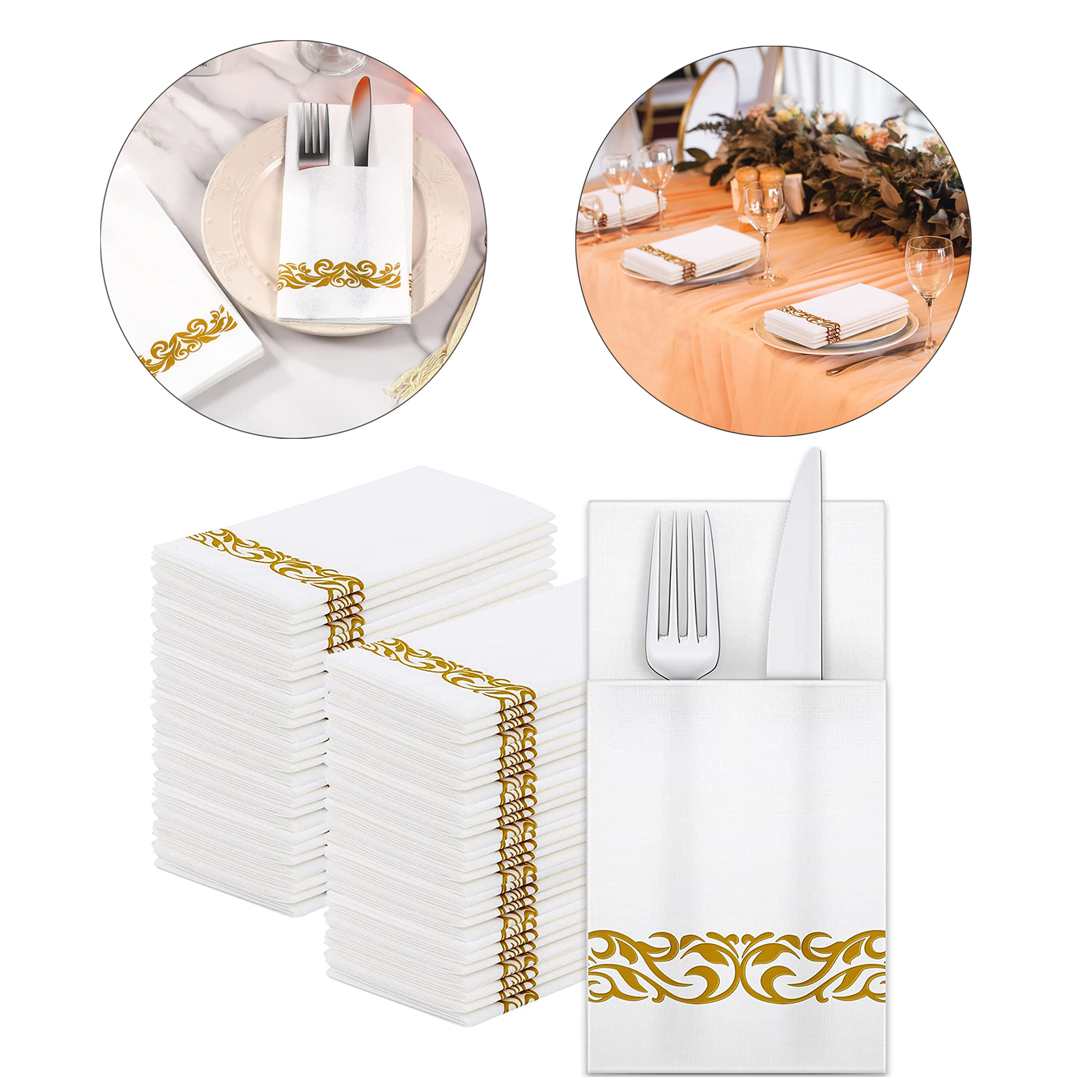 White Disposable Dinner Napkins Cloth Built in Flatware Pocket 1