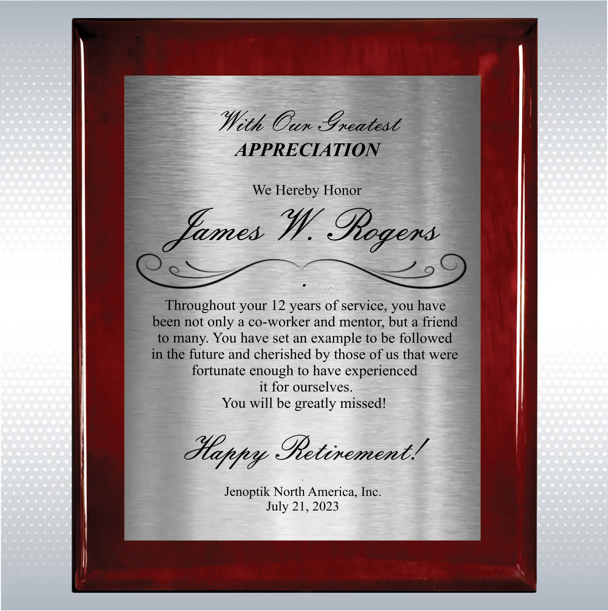 Rosewood Piano Finish Wood Plaque Retirement Gift Award 16