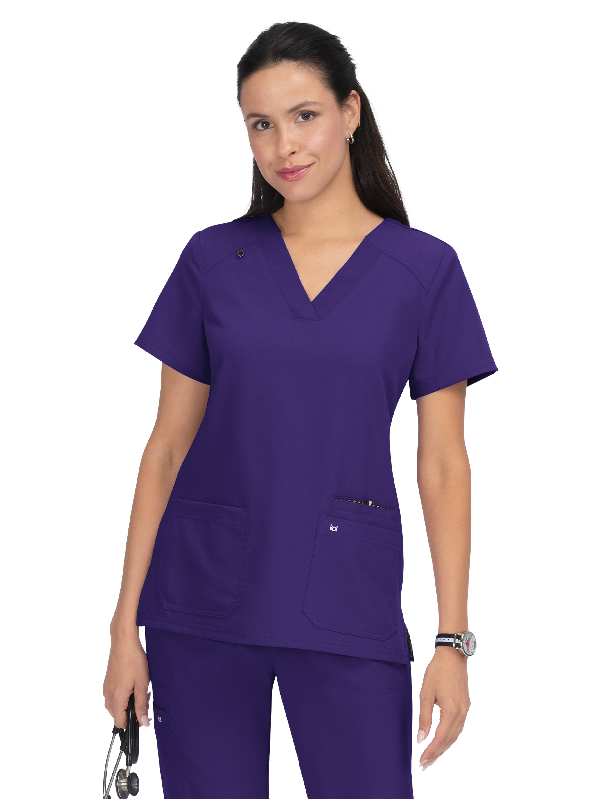 koi - Next Gen - Women's Three-Pocket Wide V-Neck Stretch Hustle and Heart Top 57
