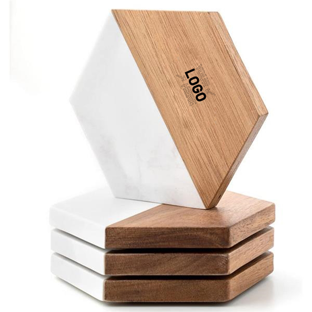 Acacia Wood And Marble Hexagon Coasters
