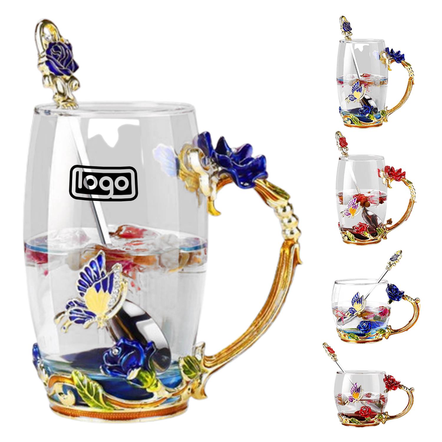 10/11oz Enamel Rose Butterfly Glass Mug Tea Cup w/ Spoon 6