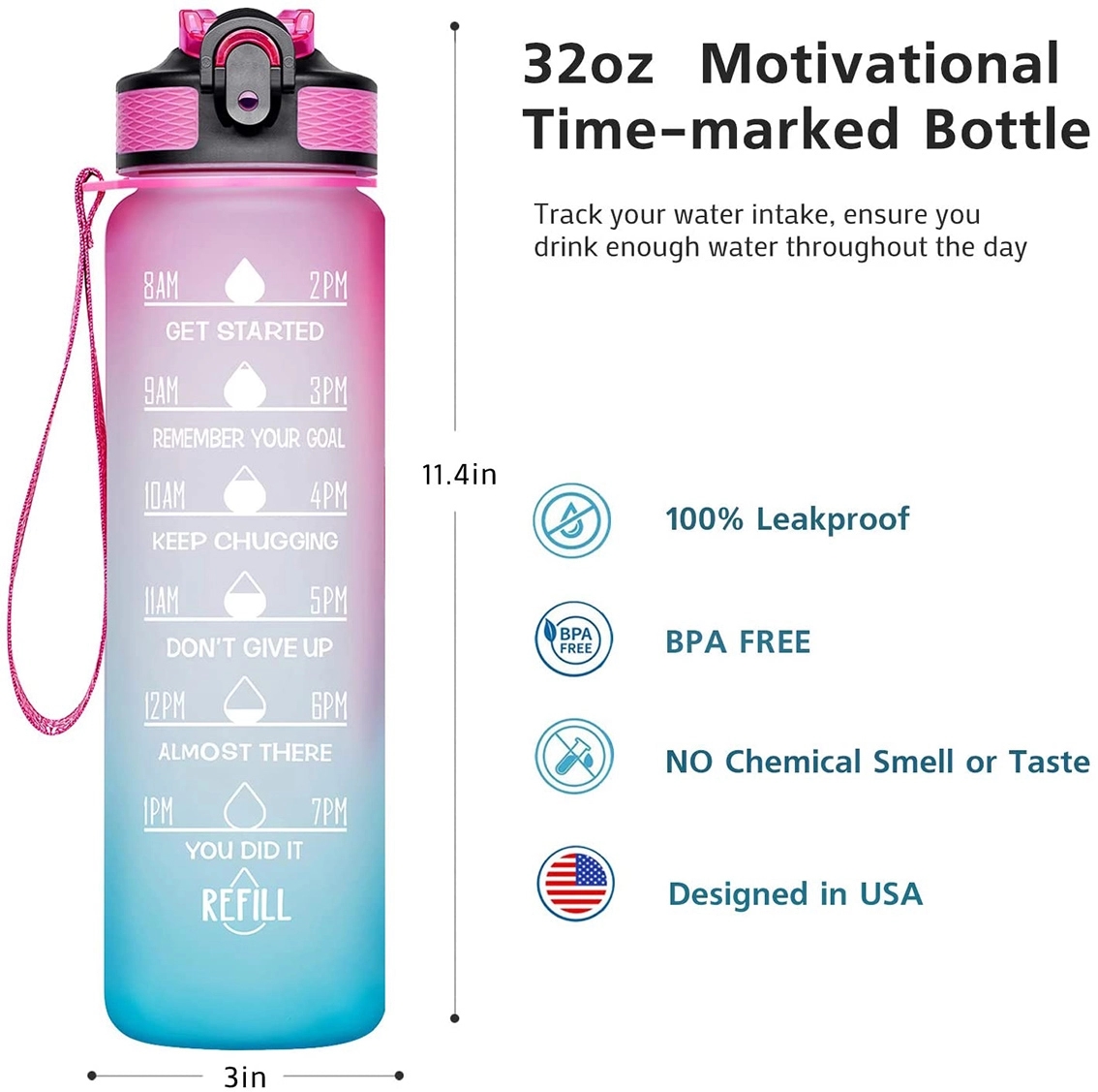 32oz Motivational Water Bottle with Time Marker 3