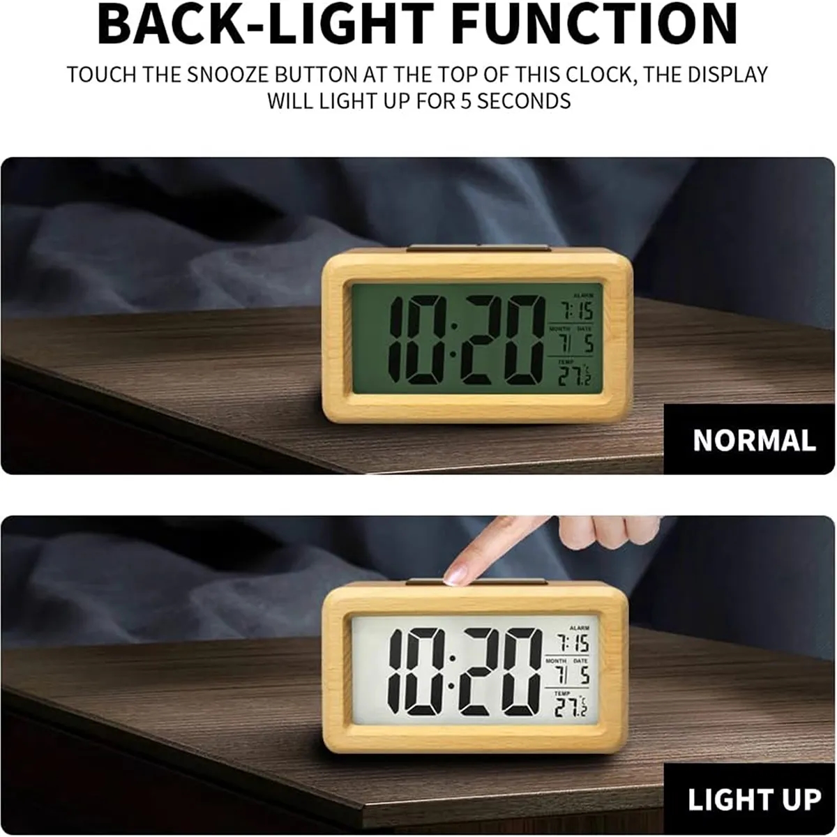 Bamboo Wooden LCD Alarm Digital Clock With Night Light Temp 4