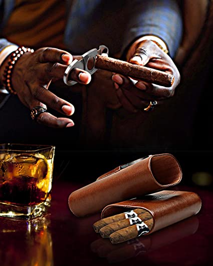 Classic Leather 3 Fingers Cigar Case w/ Cedar Wood Lining and Stainless Steel Cutter Contained 4