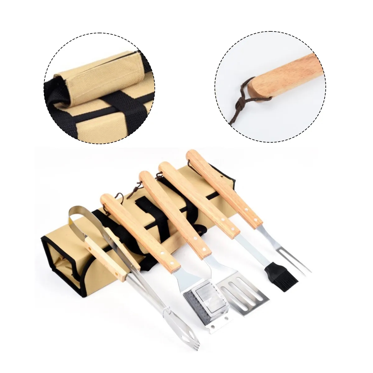 5-Piece BBQ Grill Tool Set With Wooden Handles 4