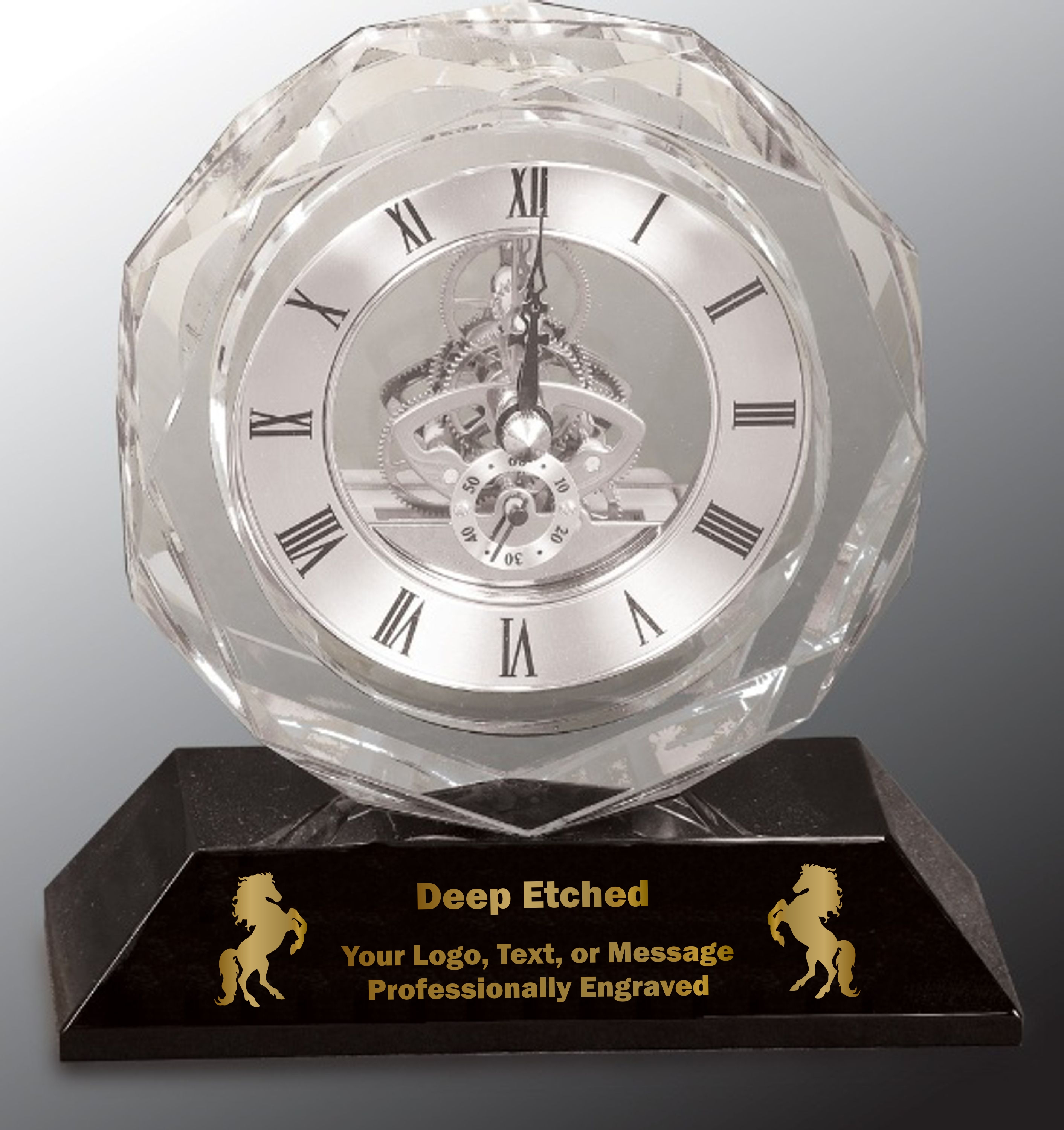 5 3/4" Clear Crystal Clock on Black Pedestal Base Crystal Award
