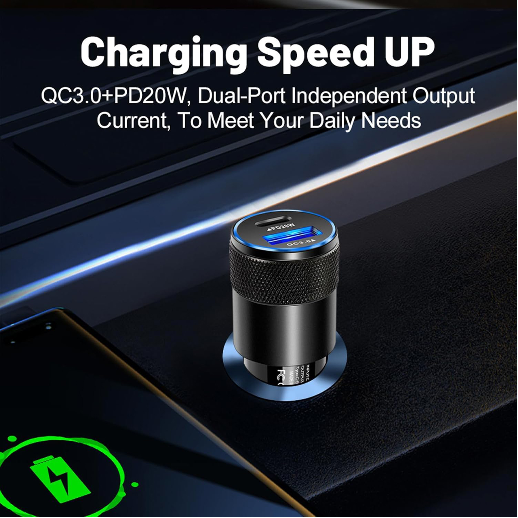 38W USB-C Car Charger with Power Delivery and Quick Charge 3.0 2