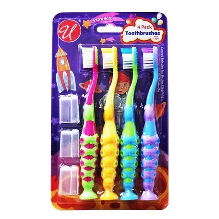 Kids' Toothbrushes with 3 Caps - 4 Pack Assorted Colors 2