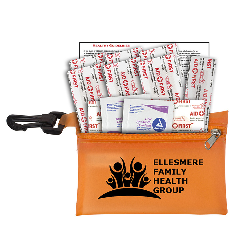 "TROUTDALE" 13 Piece First Aid Kit inTranslucent Zipper Kit with Plastic Carabiner Attachment 25