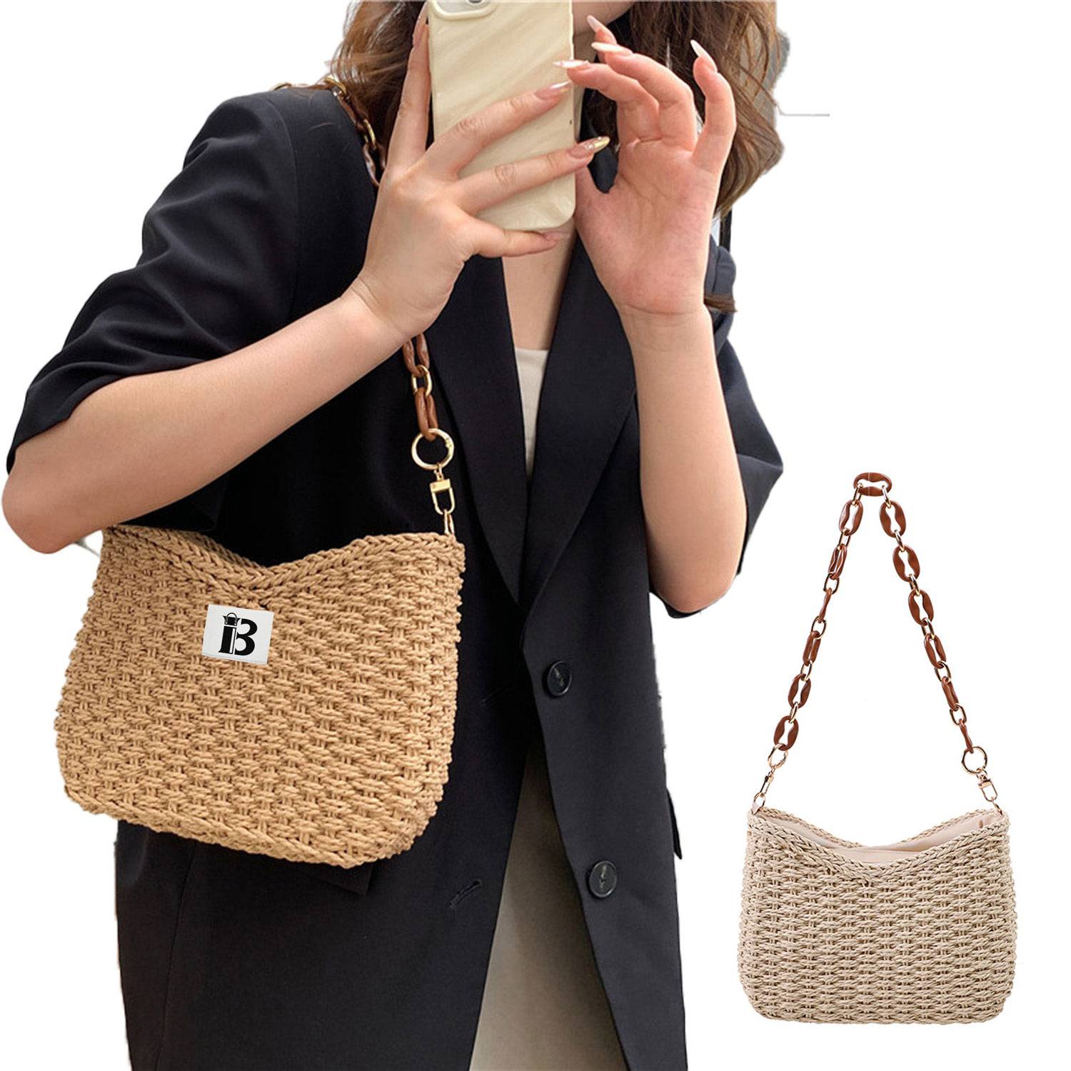 Straw Woven Shoulder Bag Handbag w/ Chain for Beach Travel