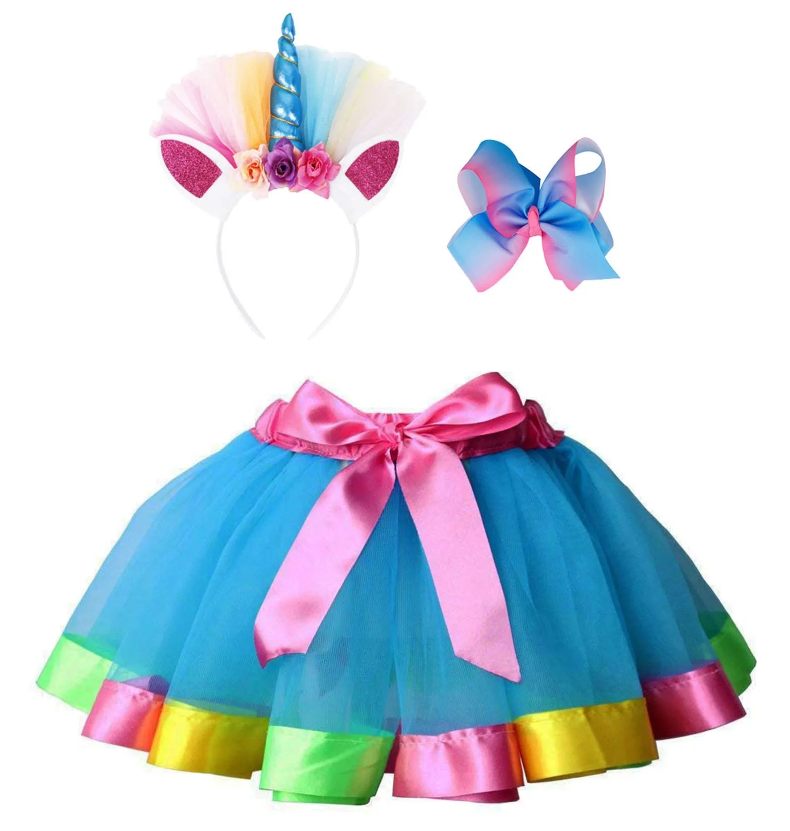 Rainbow Layered Tulle Tutu Skirt Unicorn Headband/Hair Bow 3