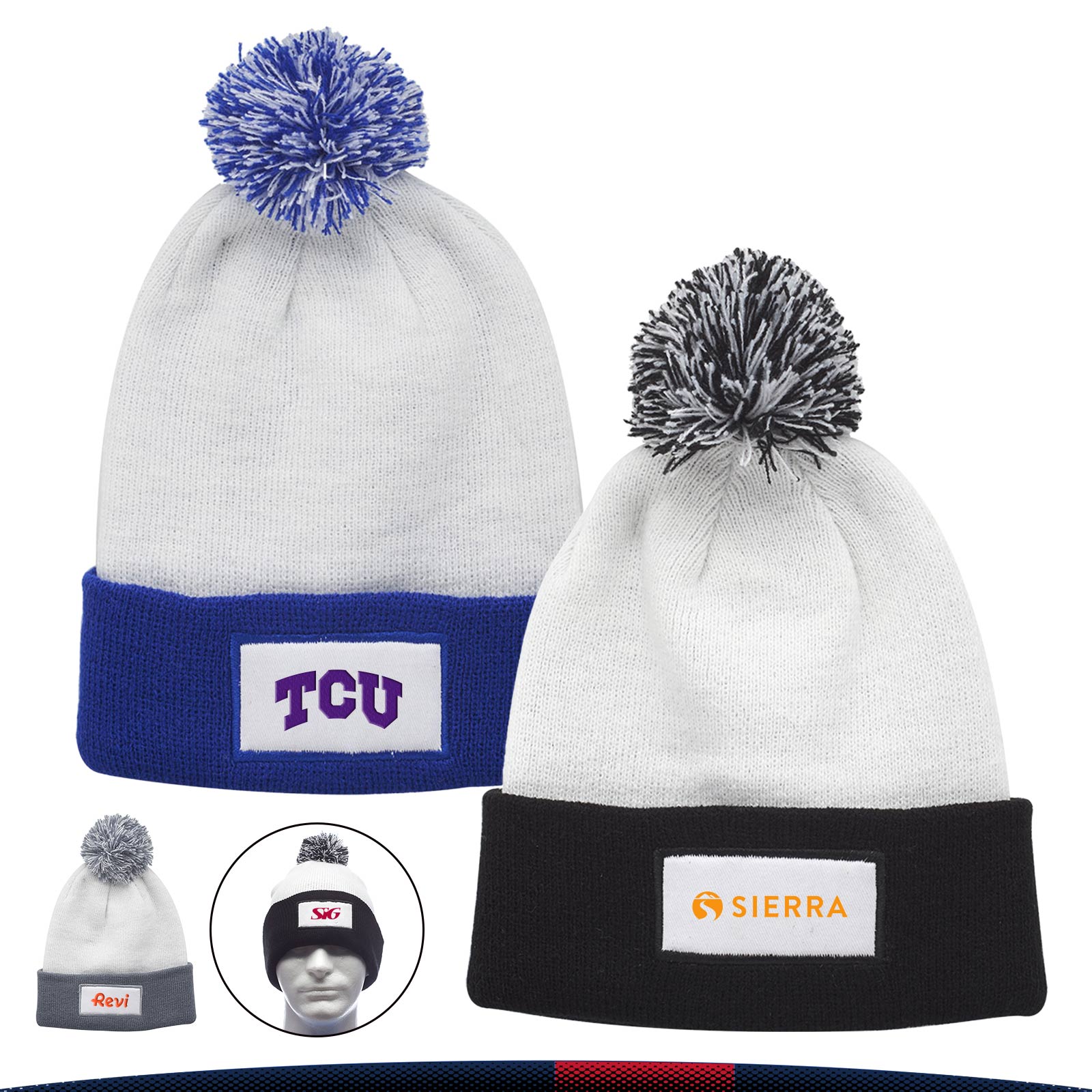 Haines Two-Tone Knitted Pompom Beanies 3
