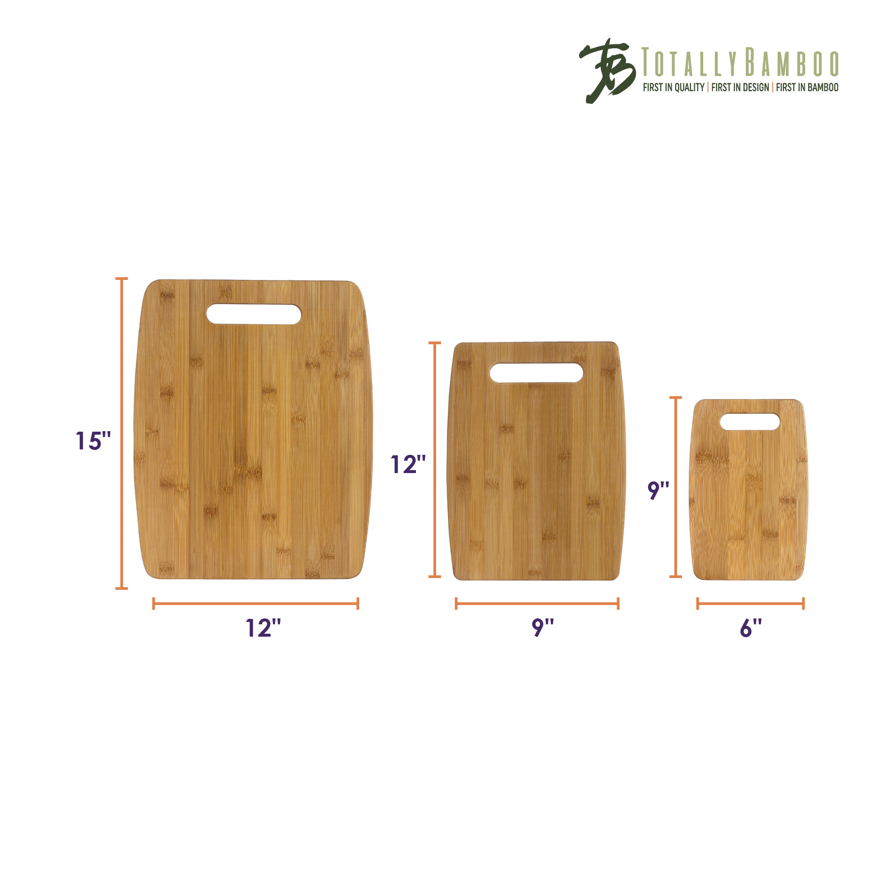 3-Piece Bamboo Cutting Board Set, 15" x 12", 12" x 9" and 9" x 6" 6