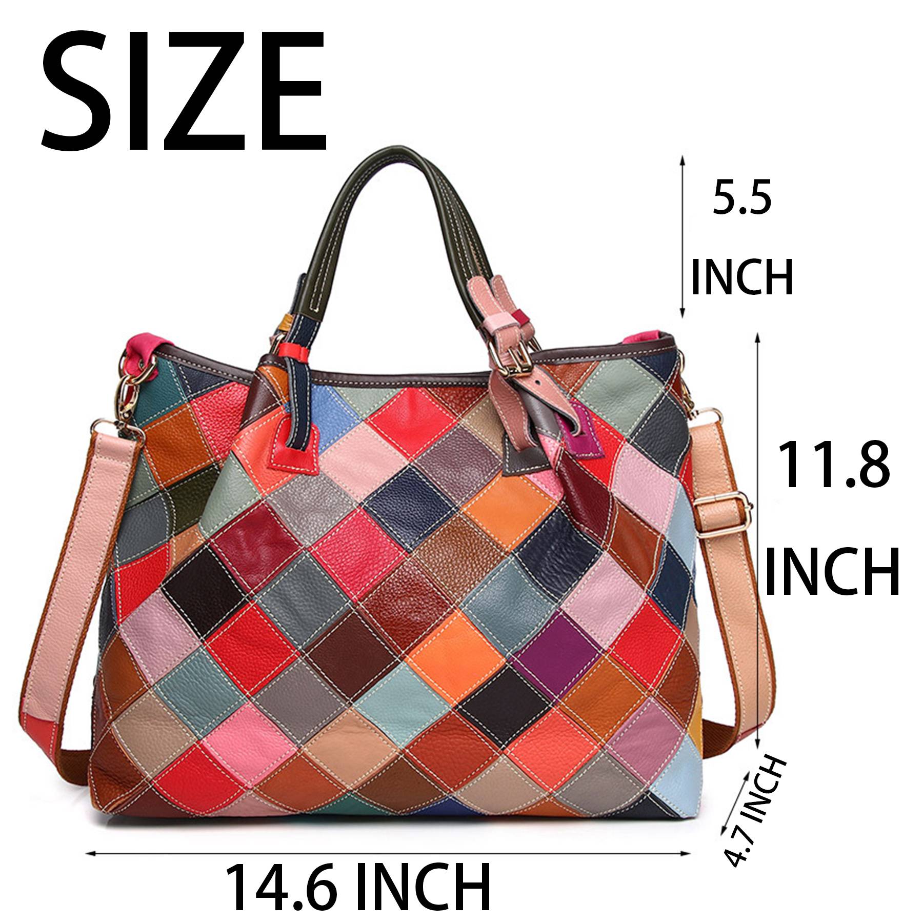 Genuine Leather Colorful flowers hand-paneled plaid tote bag 2