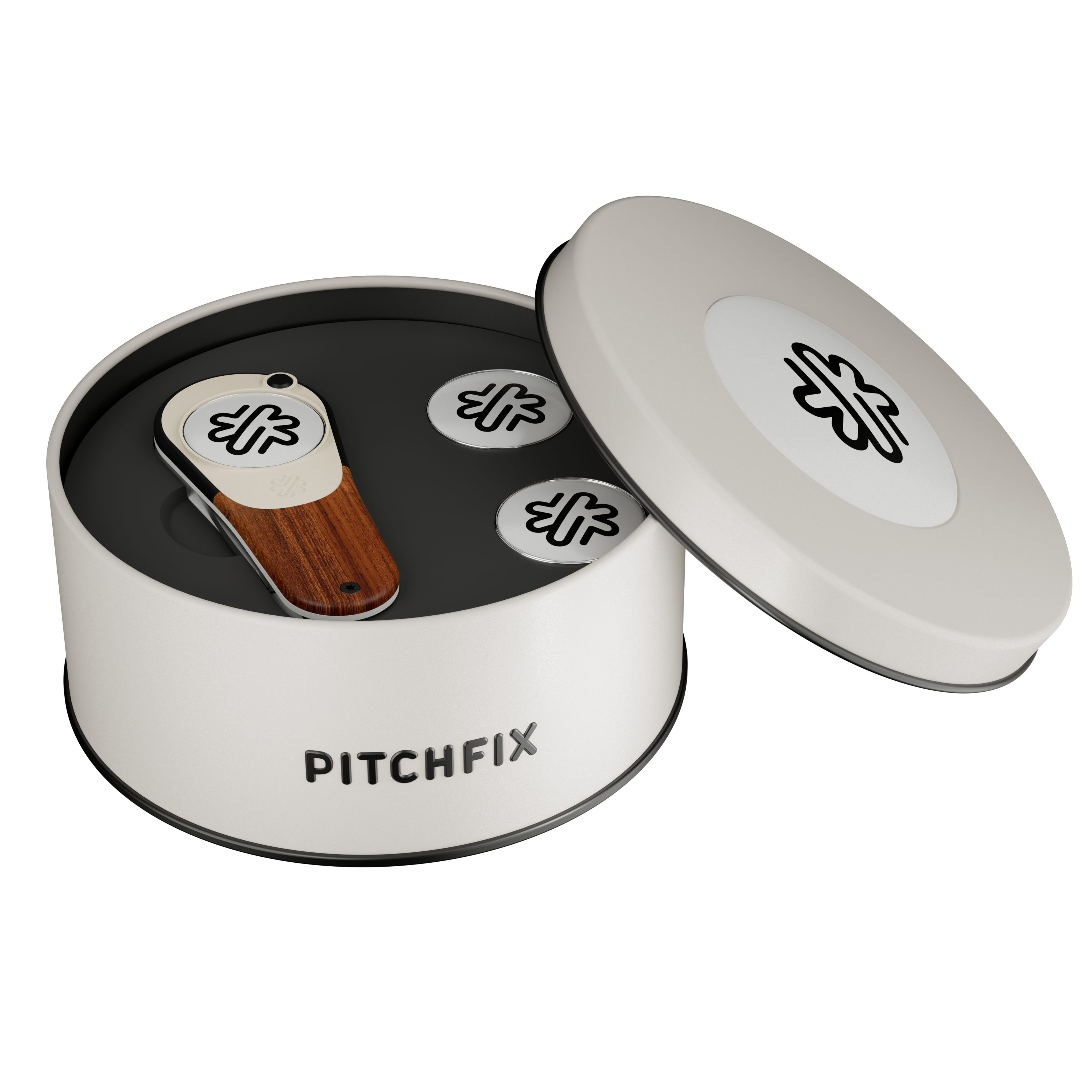 Pitchfix Woodie Golf Divot Tool in Round Tin with Two Extra Ball Markers