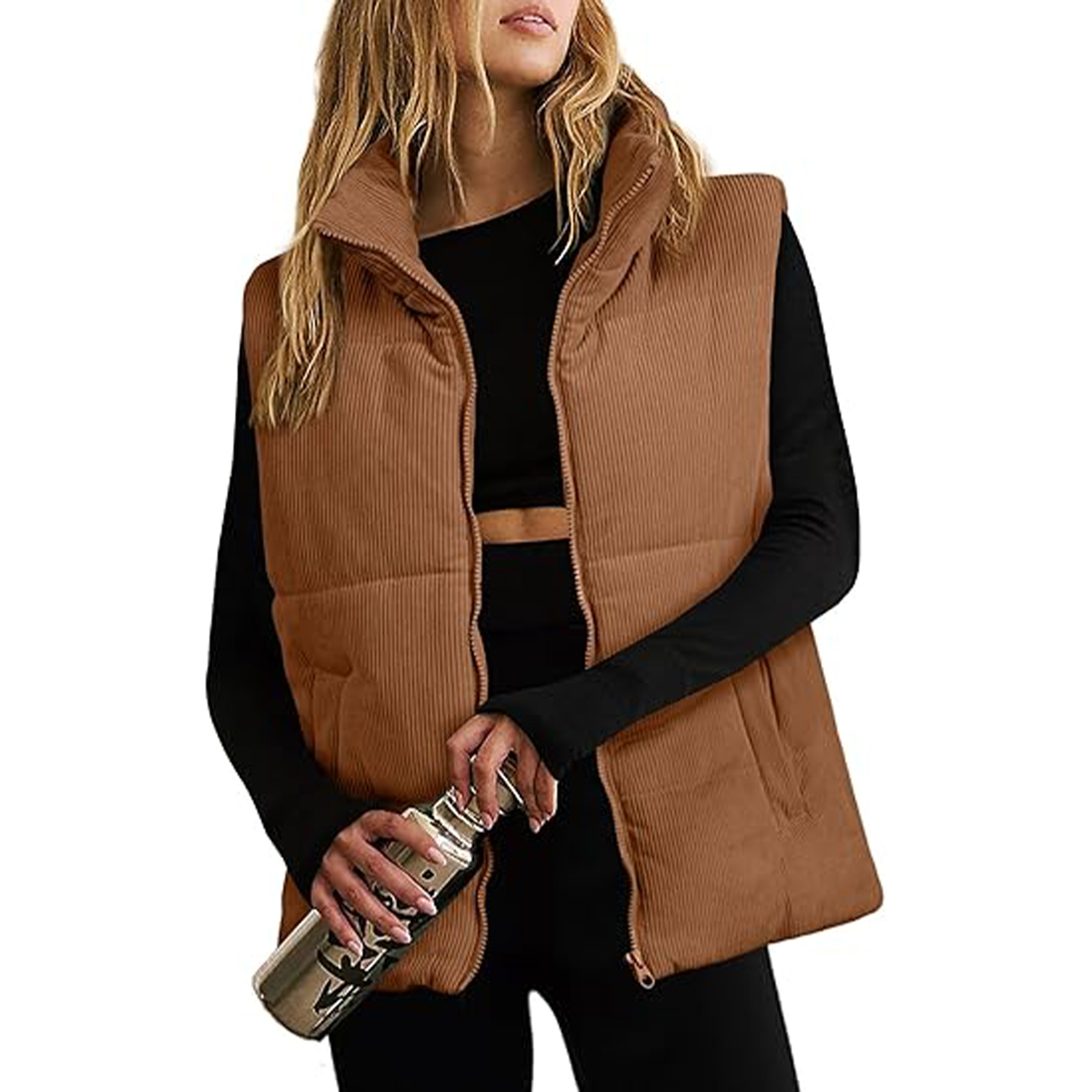 Corduroy Stand Collar Sleeveless Jacket 3