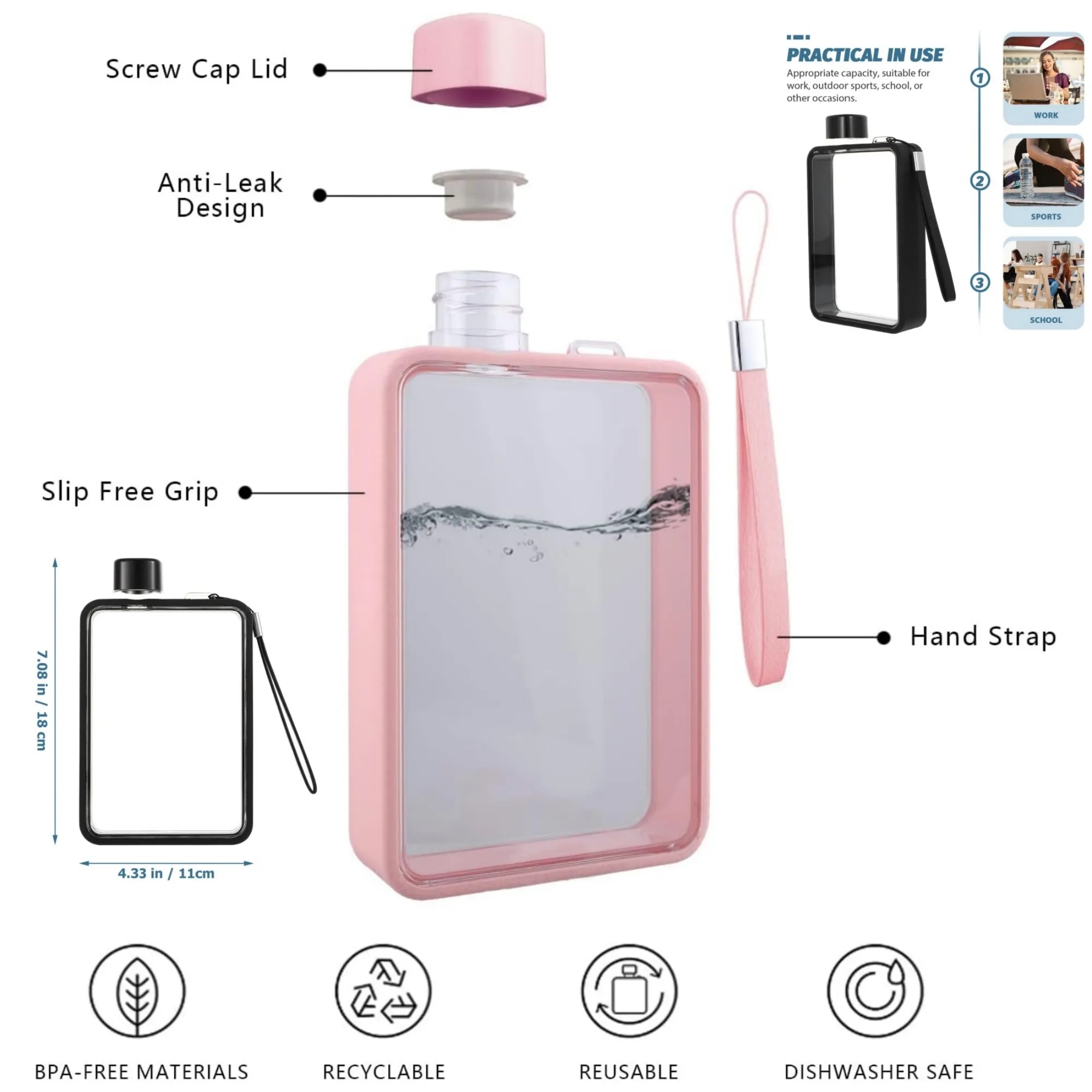 13OZ Sleek & Durable Polycarbonate Flat Water Bottle 12