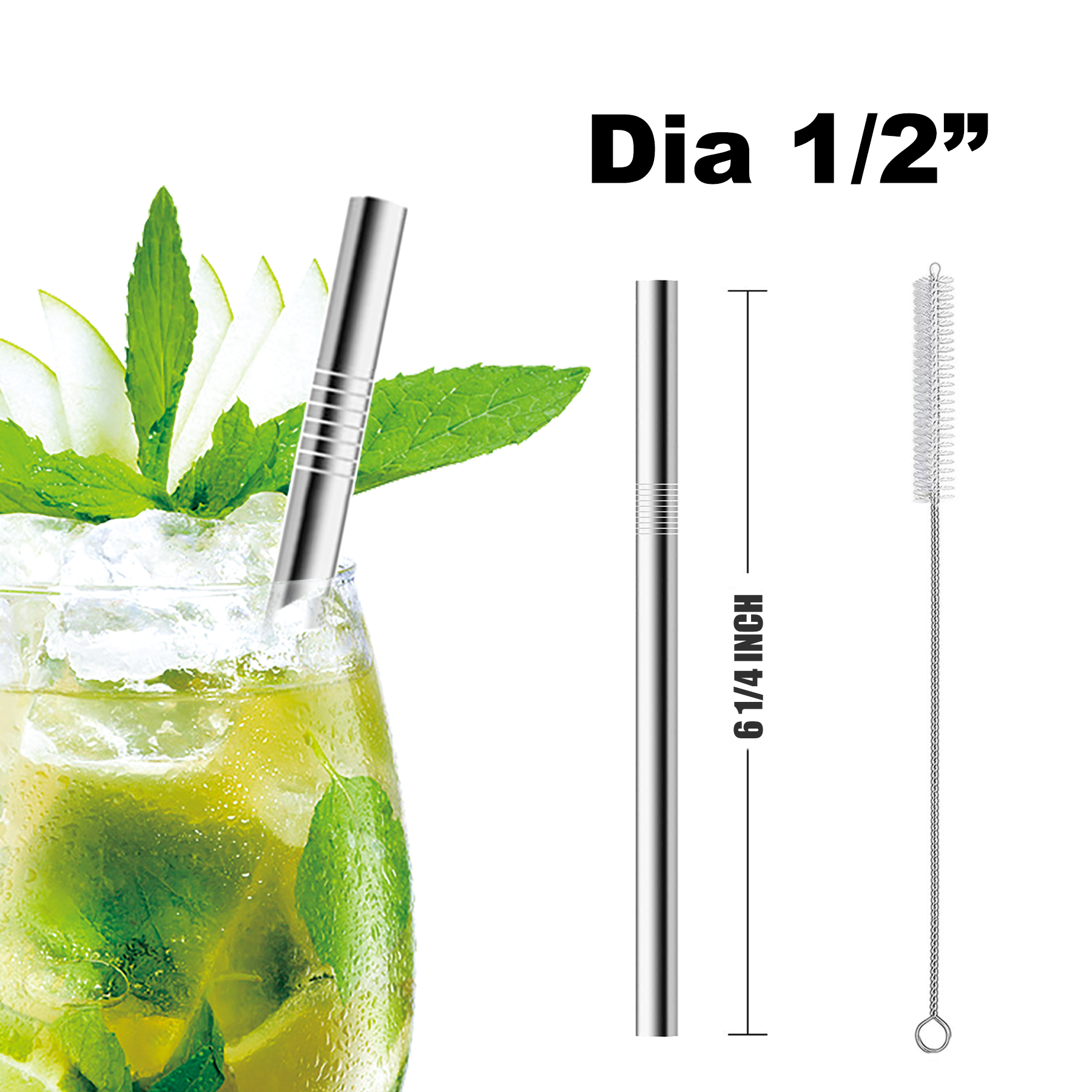1/2" Dia Straight Stainless Steel Straws 1